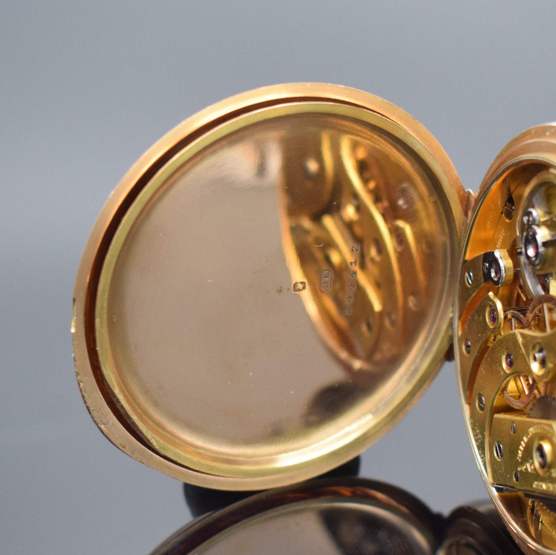Detail d: PATEK PHILIPPE Chronometro Gondolo große offene Taschenuhr in RoseG 750/000, Schweiz um 1900, schweres guill. Geh., sign. Cuvette, 2-tlg. ...