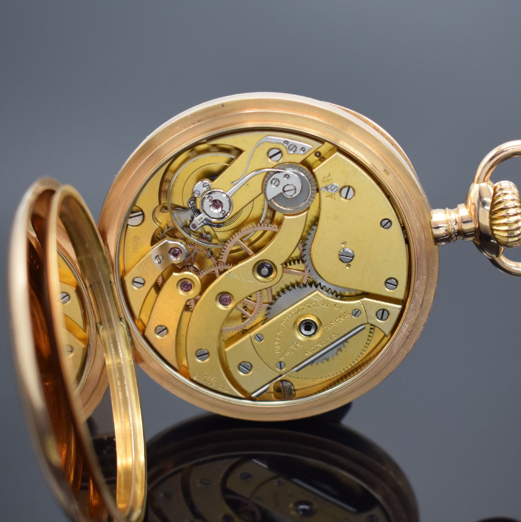 Detail e: PATEK PHILIPPE Chronometro Gondolo große offene Taschenuhr in RoseG 750/000, Schweiz um 1900, schweres guill. Geh., sign. Cuvette, 2-tlg. ...