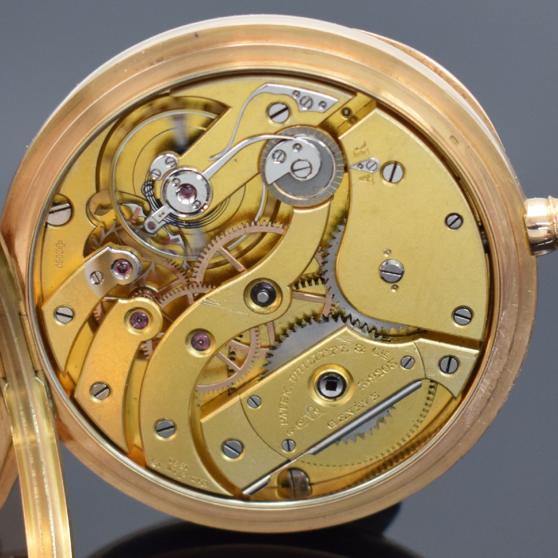 Detail f: PATEK PHILIPPE Chronometro Gondolo große offene Taschenuhr in RoseG 750/000, Schweiz um 1900, schweres guill. Geh., sign. Cuvette, 2-tlg. ...