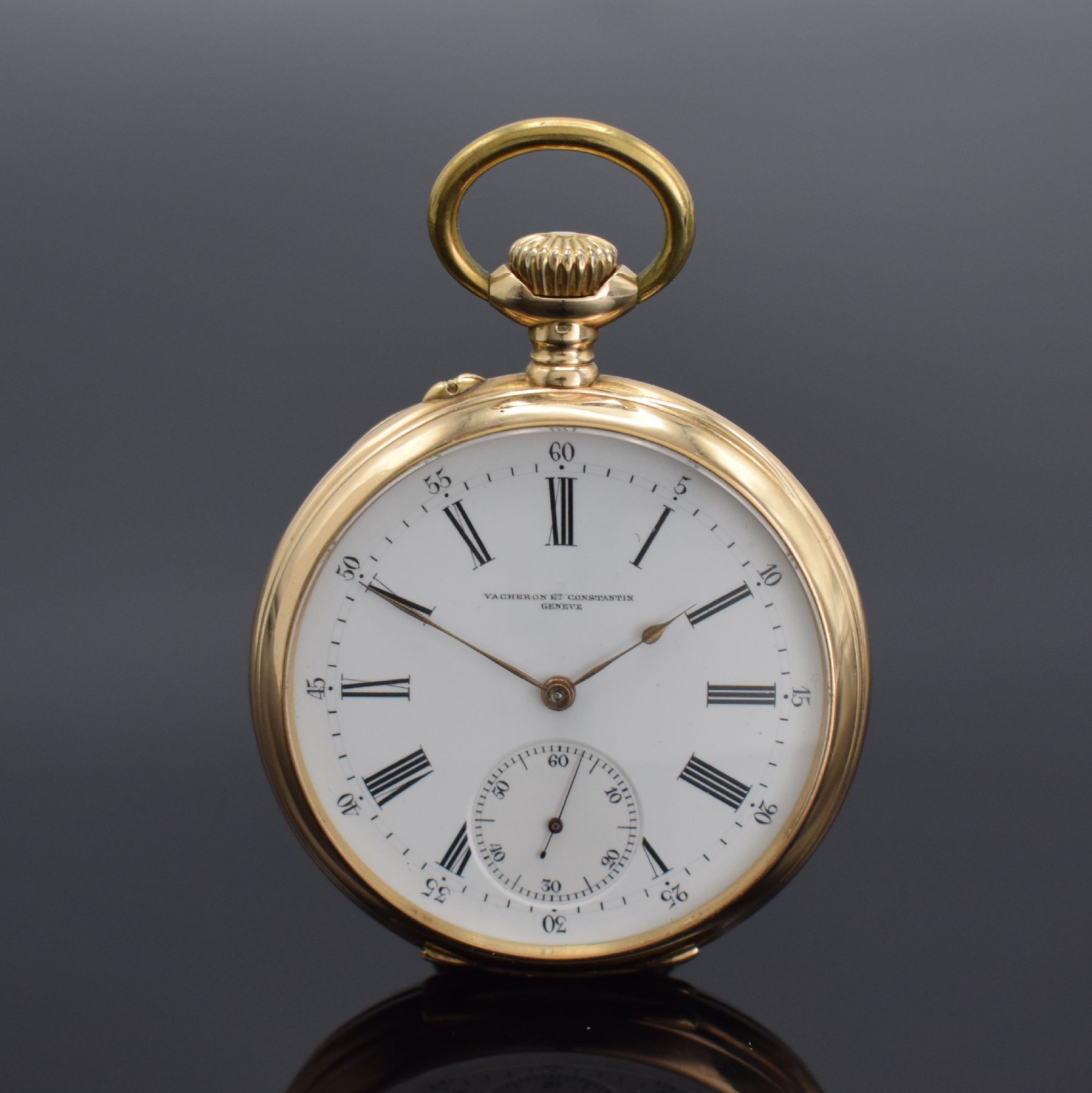 VACHERON & CONSTANTIN offene Herrentaschenuhr in RG 585/000, Schweiz um 1895, guill. Geh. dell., sign. Cuvette verg., 2-tlg. Emailzifferbl., röm. ...