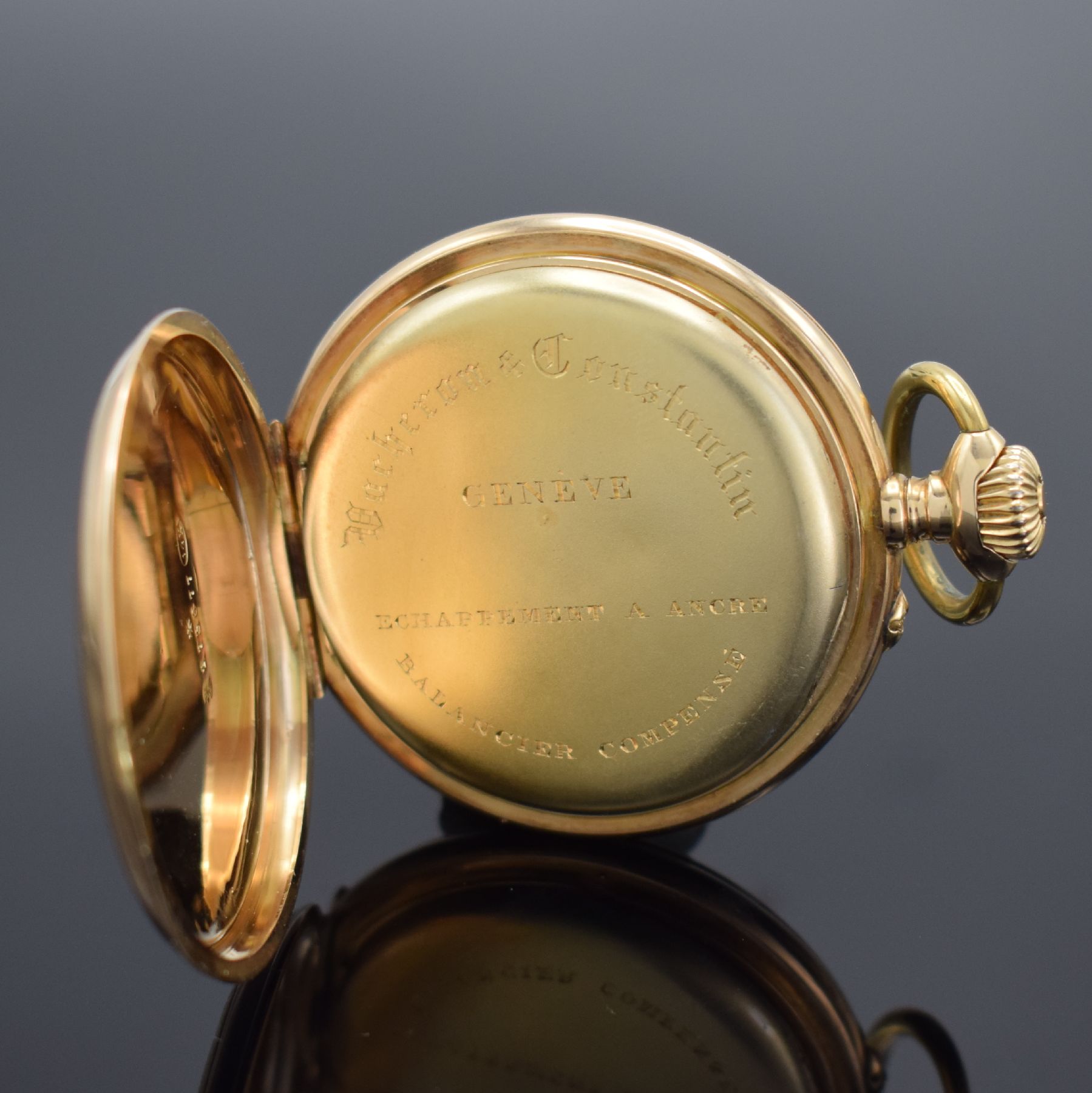 Detail c: VACHERON & CONSTANTIN offene Herrentaschenuhr in RG 585/000, Schweiz um 1895, guill. Geh. dell., sign. Cuvette verg., 2-tlg. Emailzifferbl., röm. ...