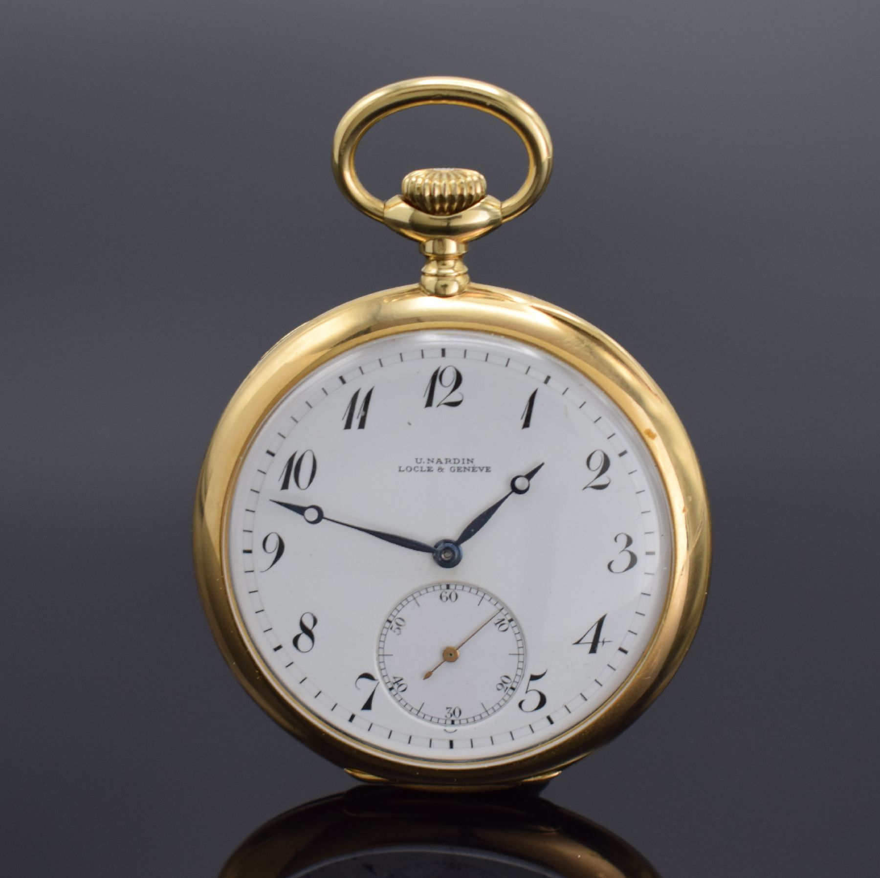 ULYSSE NARDIN offene Herrentaschenuhr in GG 750/000, Schweiz um 1920, guill. 2-Deckel Goldgeh. dell., 2-tlg. Emailzifferbl. m. Breguetzahlen Rand l. ...