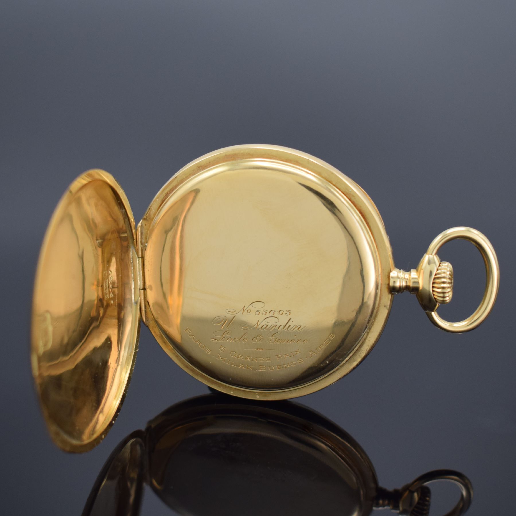 Detail c: ULYSSE NARDIN offene Herrentaschenuhr in GG 750/000, Schweiz um 1920, guill. 2-Deckel Goldgeh. dell., 2-tlg. Emailzifferbl. m. Breguetzahlen Rand l. ...