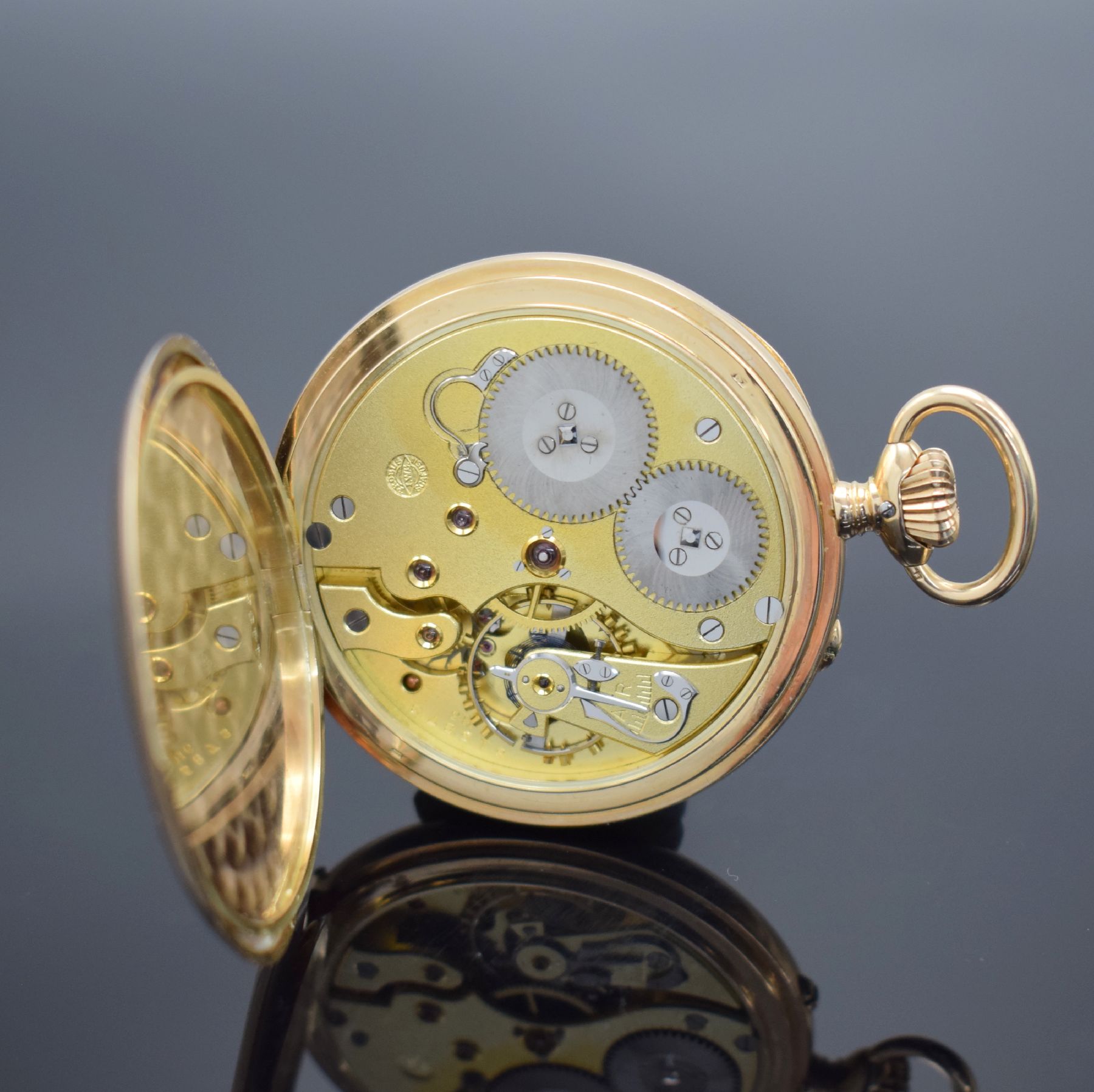 Detail e: ANDREAS HUBER URANIA / IWC offene Taschenuhr in RG 585/000, Schweiz um 1925, glattes 2- Deckel Goldgeh., Cuvette & Zifferbl. bez. "Andreas Huber ...