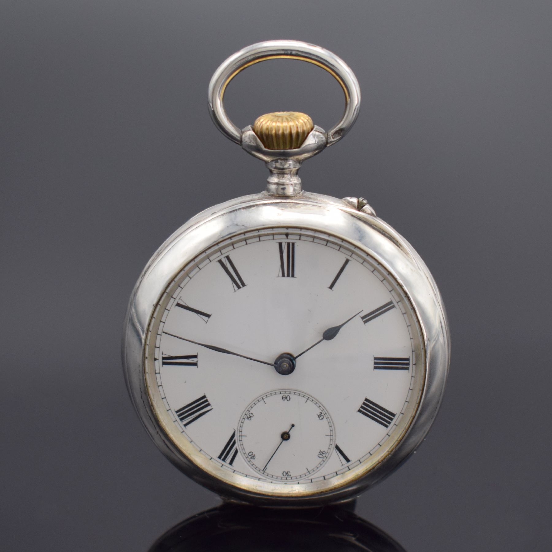 IWC sehr seltene frühe Taschenuhr in Silber, Schweiz um 1888, offenes glattes Geh. dell., Emailzifferbl. riss./besch., kl. Sek. b. 6, Zeiger ...