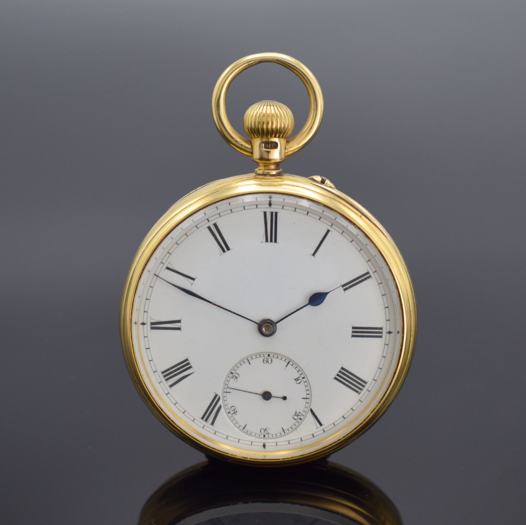 S. CHILD schwere offene Taschenuhr in GG 750/000, England lt. Hallmark London 1902, glattes Geh. dell., Widmungsgrav. a. d. Cuvette, 2-tlg. ...
