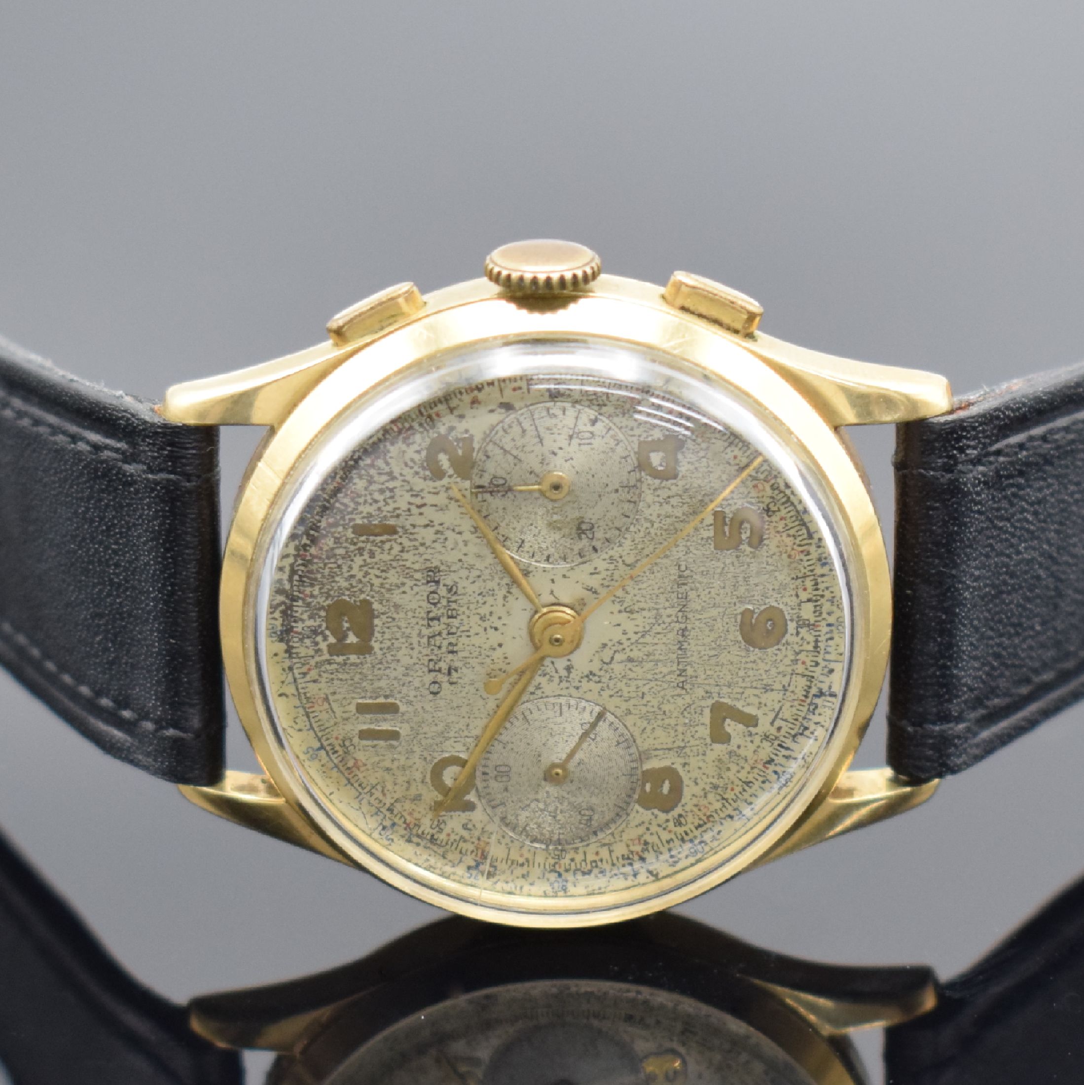Detail b: ORATOR Herrenarmbanduhr mit Chronograph in GG 585/000, Schweiz um 1950, Handaufzug, Ref. 1660, massives Geh. & gedr. Boden dell., silb. Zifferbl. ...