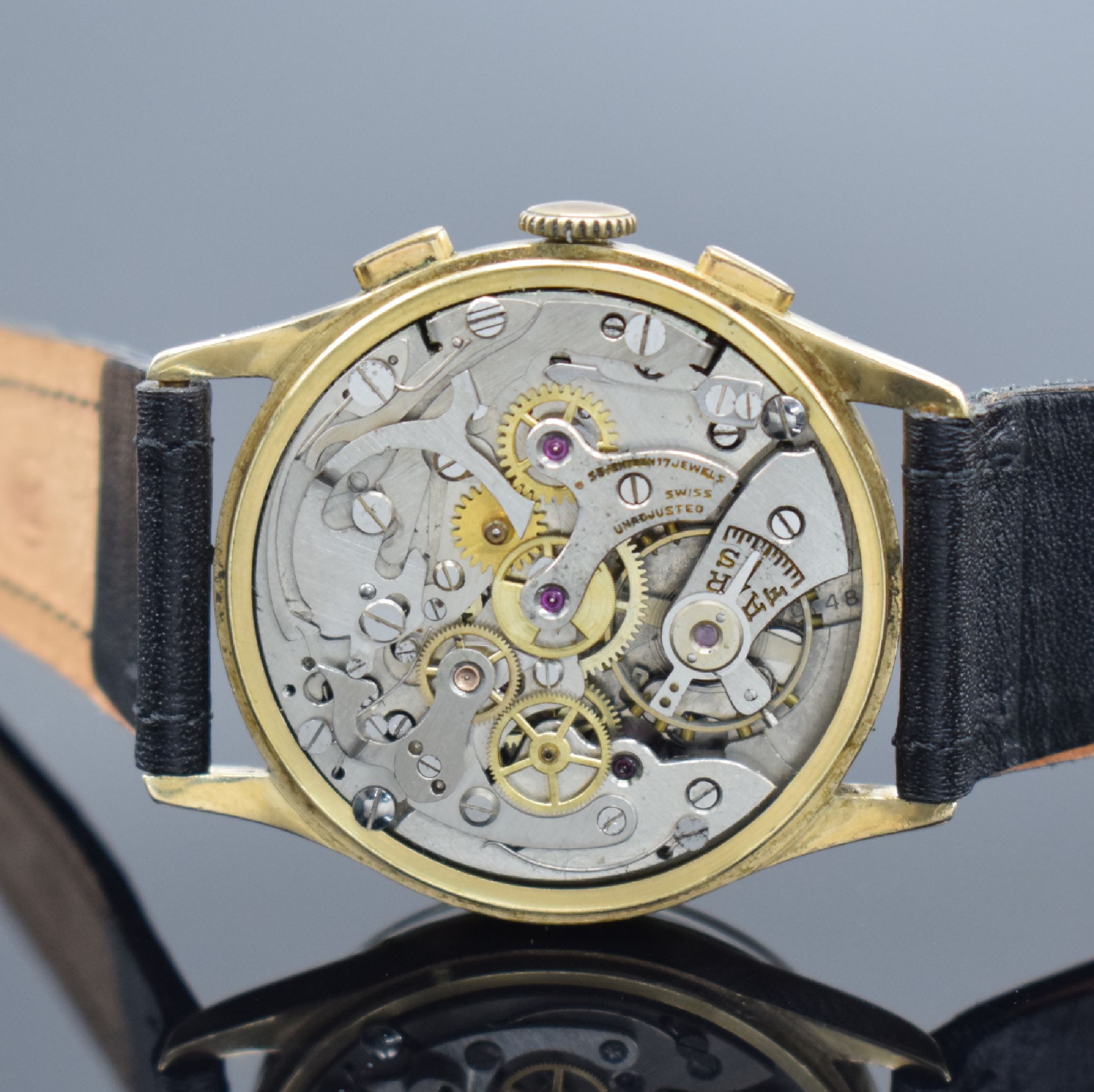Detail e: ORATOR Herrenarmbanduhr mit Chronograph in GG 585/000, Schweiz um 1950, Handaufzug, Ref. 1660, massives Geh. & gedr. Boden dell., silb. Zifferbl. ...