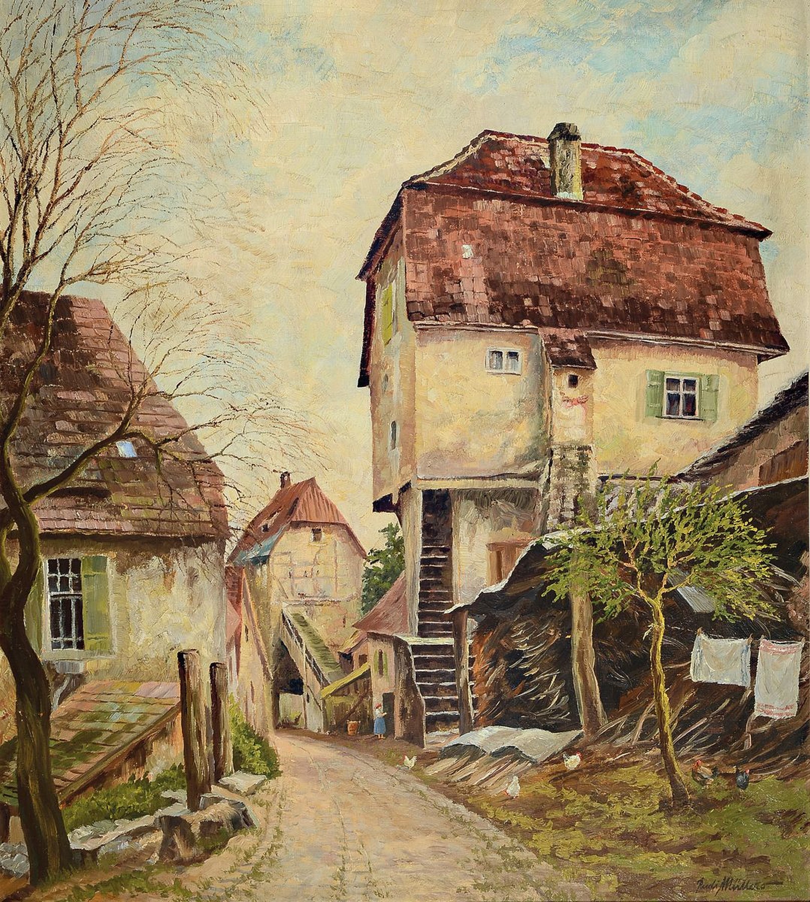 Rudi Müllers, 1895 München - 1972 Heidelberg , Studium an den Akademien München und Leipzig, hier: Ansicht einer Dorfstraße, wohl Mückenloch bei ...