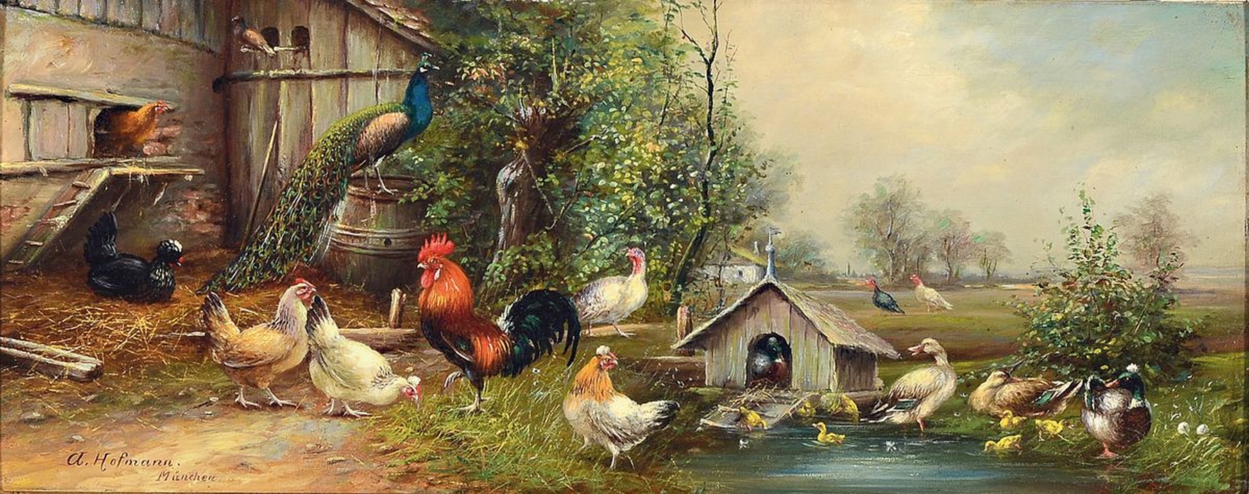 A. Hofmann, Künstler um 1900, Hühnerhof mit Ententeich, Handtuchformat, Szenerien kompositorisch verbunden, links unten signiert , Öl/Holz, ...
