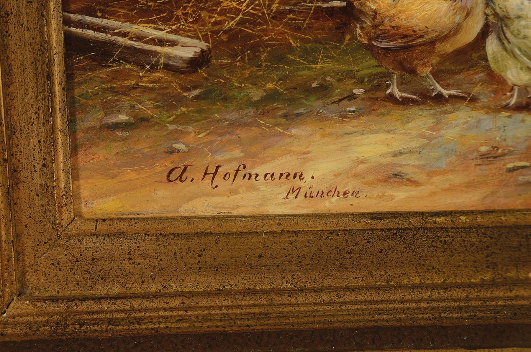 Detail a: A. Hofmann, Künstler um 1900, Hühnerhof mit Ententeich, Handtuchformat, Szenerien kompositorisch verbunden, links unten signiert , Öl/Holz, ...
