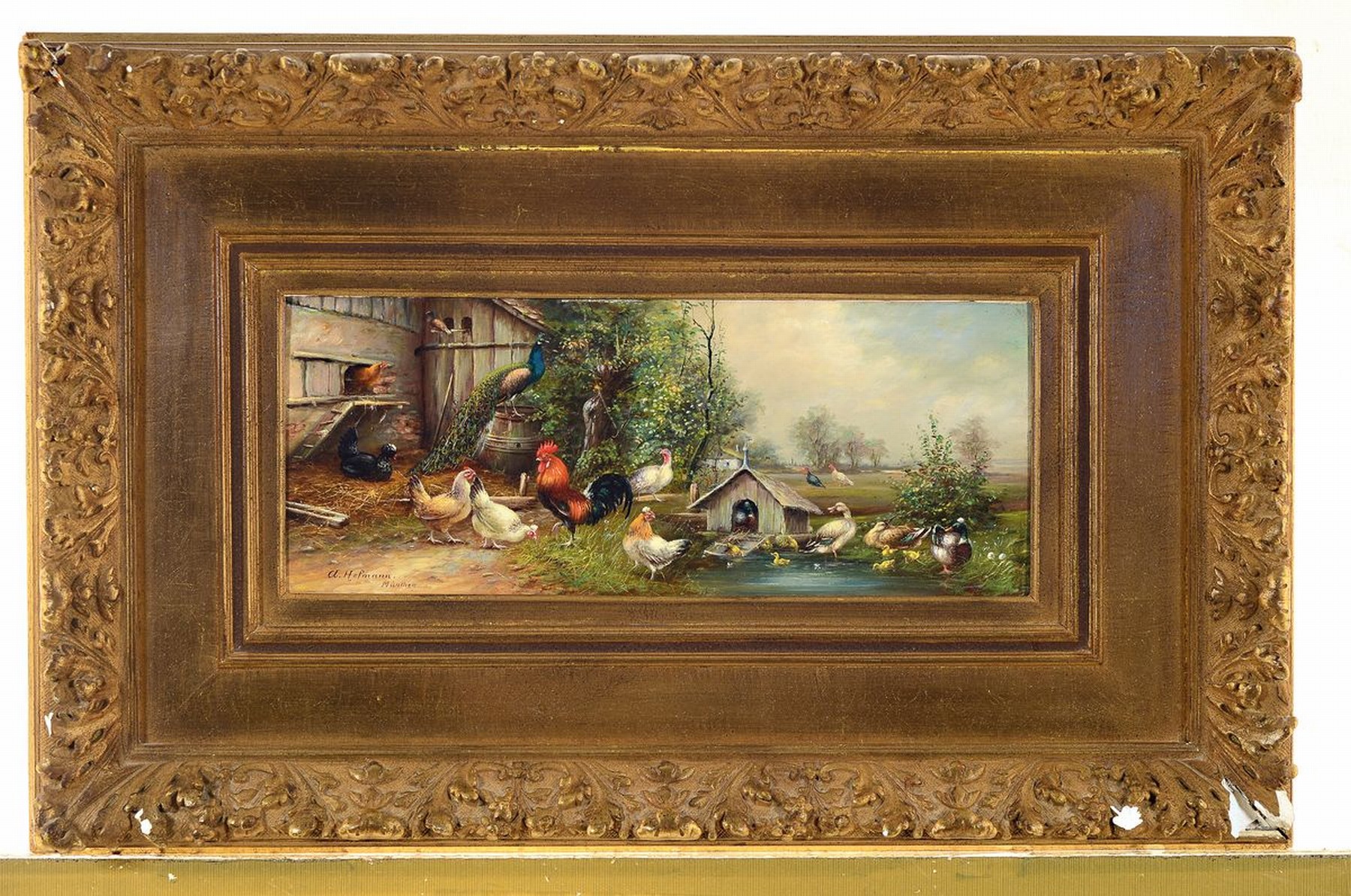 Detail k: A. Hofmann, Künstler um 1900, Hühnerhof mit Ententeich, Handtuchformat, Szenerien kompositorisch verbunden, links unten signiert , Öl/Holz, ...