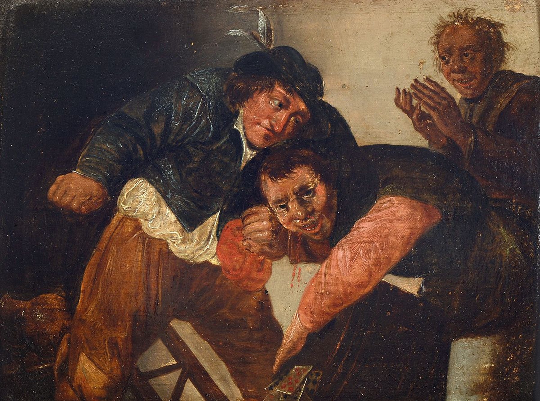Detail a: Unbekannter Künstler der 1.H. des 19.Jh., in der Tradition des Altniederländers Pieter Quast (1606-47), Paar Genreszenen: Wirtshausschlägerei nach ...