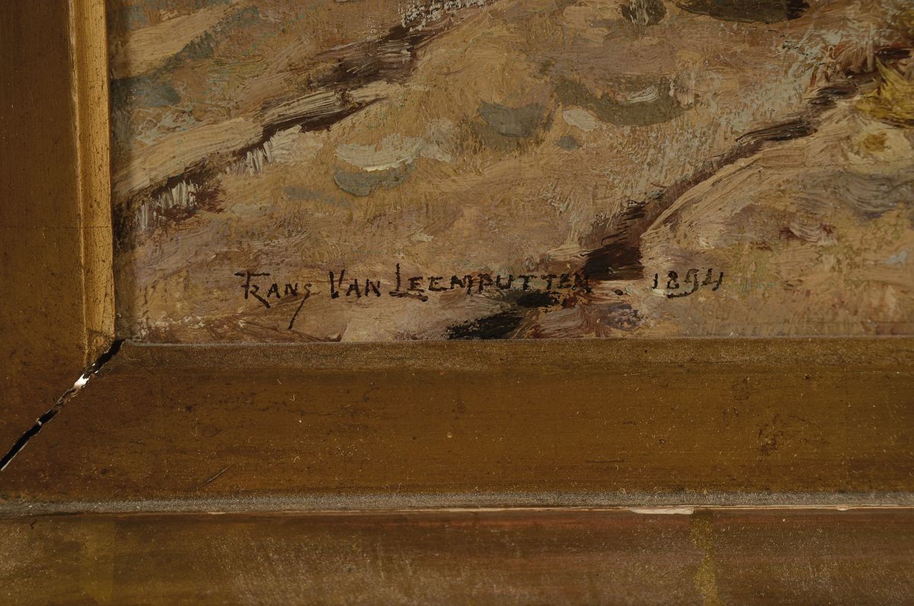Detail a: Frans van Leemputten, 1850 Werchter - 1914 Antwerpen, Studium an der Akademie Brüssel, ein Bauer Heu auf ein Pferdefuhrwerk ladend, für Leemputten ...