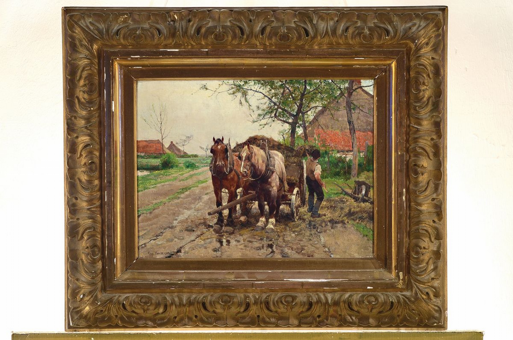 Detail k: Frans van Leemputten, 1850 Werchter - 1914 Antwerpen, Studium an der Akademie Brüssel, ein Bauer Heu auf ein Pferdefuhrwerk ladend, für Leemputten ...