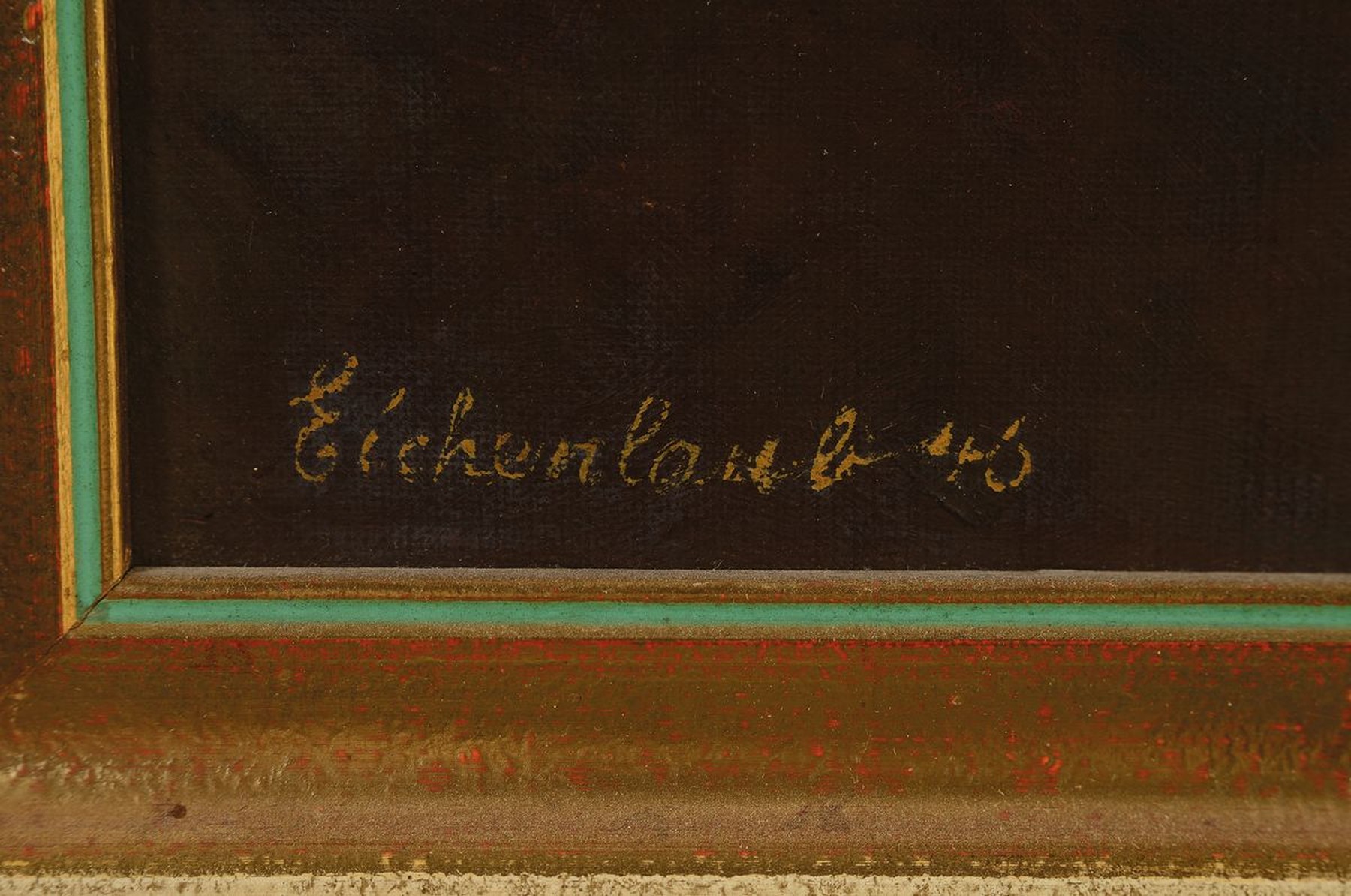 Detail a: Wilhelm Eichenlaub, Künstler des 19./20.Jh., Blumenstillleben mit Sonnenblumen in Steinzeugkrug mit Blaumalerei, links unten signiert u. datiert 46, ...