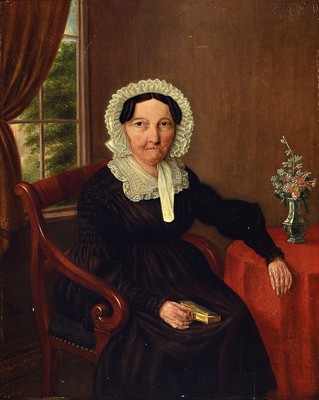 Image 26427770 - Unidentified portraitist around 1820/30, elderly lady with bonnet, lace bonnet and collar, ringed hands holding a devotional book, typical of the time sitting in a classicist armchair with volute armrests, unsigned, oil/wood, age, minor surface damage,frame, ca. 52x42 cm