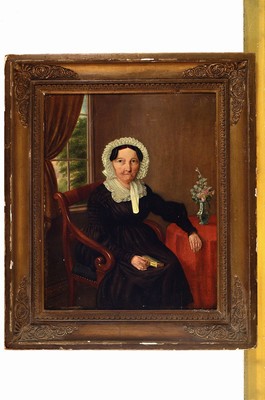 26427770k - Unidentified portraitist around 1820/30, elderly lady with bonnet, lace bonnet and collar, ringed hands holding a devotional book, typical of the time sitting in a classicist armchair with volute armrests, unsigned, oil/wood, age, minor surface damage,frame, ca. 52x42 cm