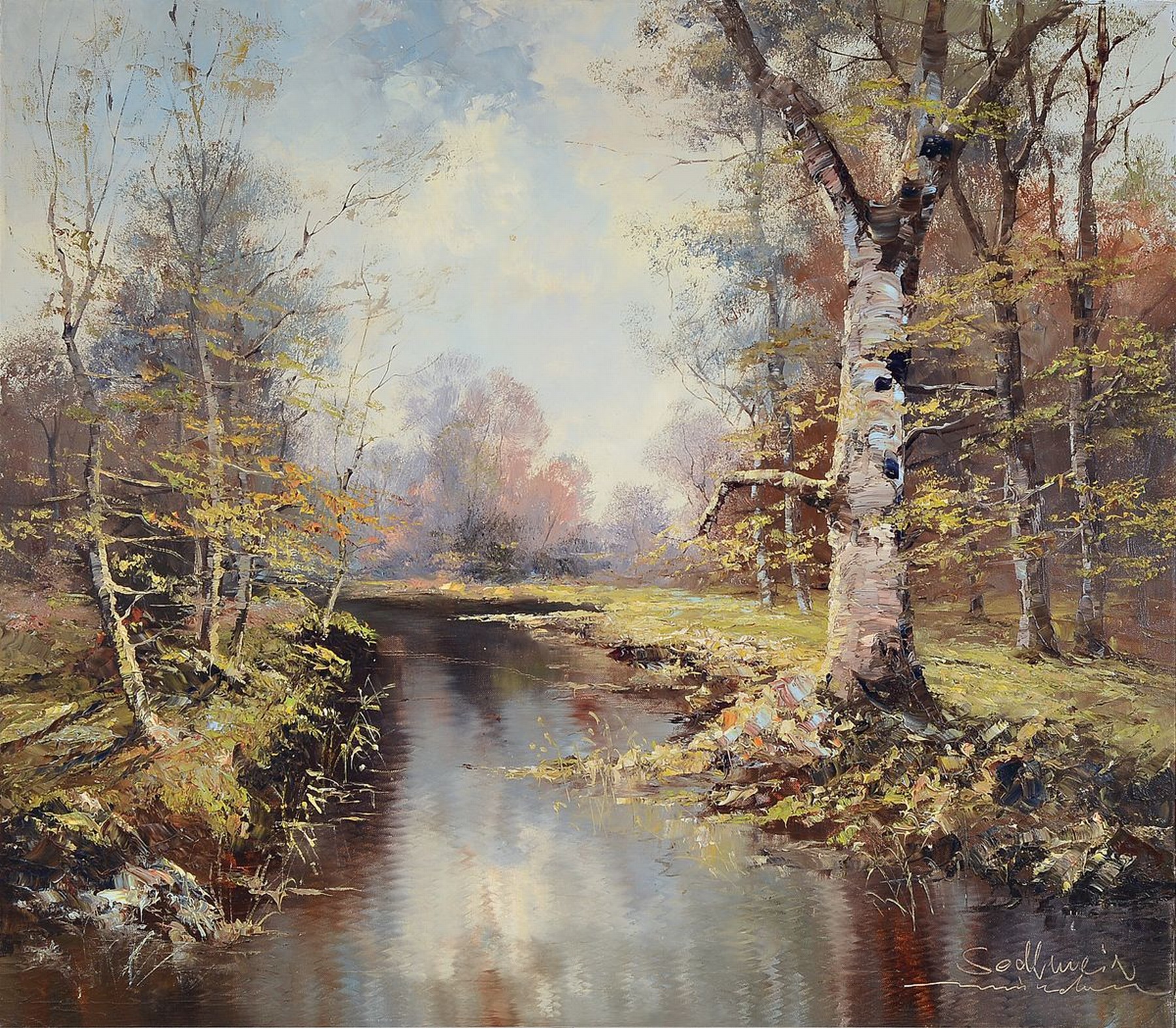 Sedlmeier, Künstler der Münchner Schule, 20.Jh., von Birken gesäumter Flusslauf, wohl Ansicht des Dachauer Moos, rechts unten signiert, Öl/Lwd, ...
