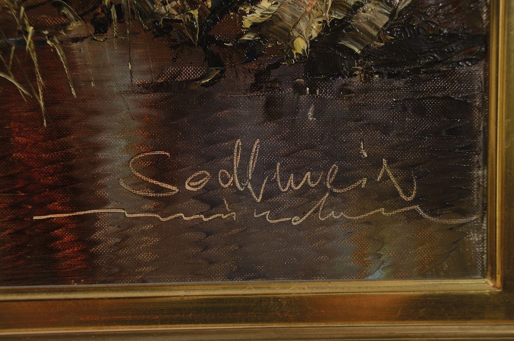 Detail a: Sedlmeier, Künstler der Münchner Schule, 20.Jh., von Birken gesäumter Flusslauf, wohl Ansicht des Dachauer Moos, rechts unten signiert, Öl/Lwd, ...