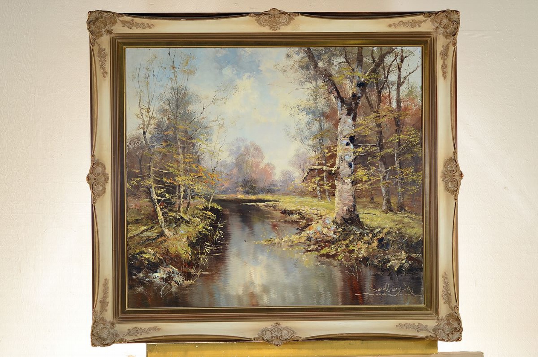 Detail k: Sedlmeier, Künstler der Münchner Schule, 20.Jh., von Birken gesäumter Flusslauf, wohl Ansicht des Dachauer Moos, rechts unten signiert, Öl/Lwd, ...
