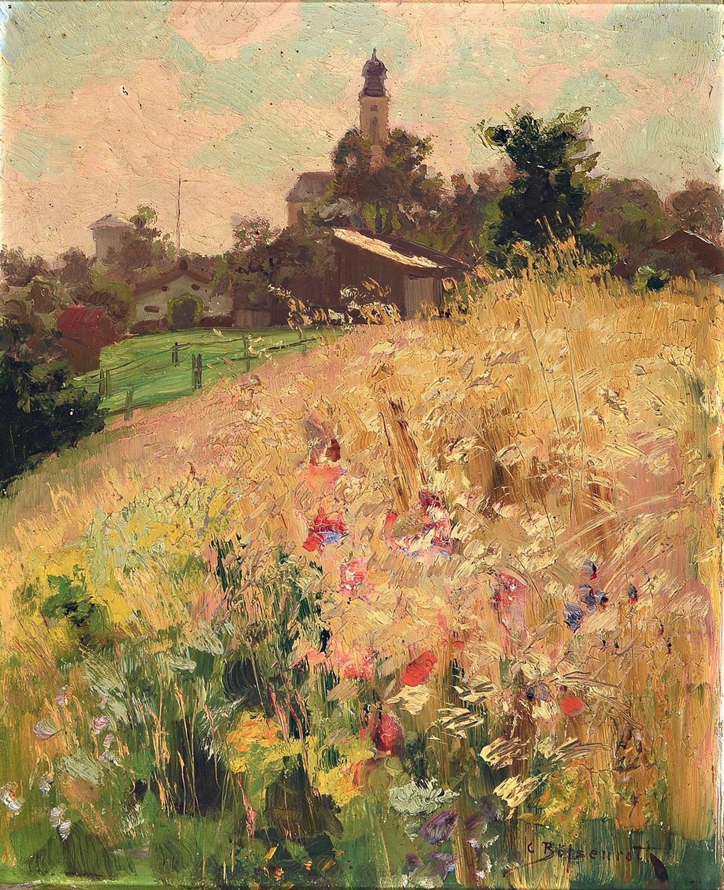 Carl Bössenroth, 1863 - 1935 Berlin, Studiuman den Akademien Berlin und München, hier: Ansicht Höhenschäftlarn mit reifem Kornfeld, so verso auf ...