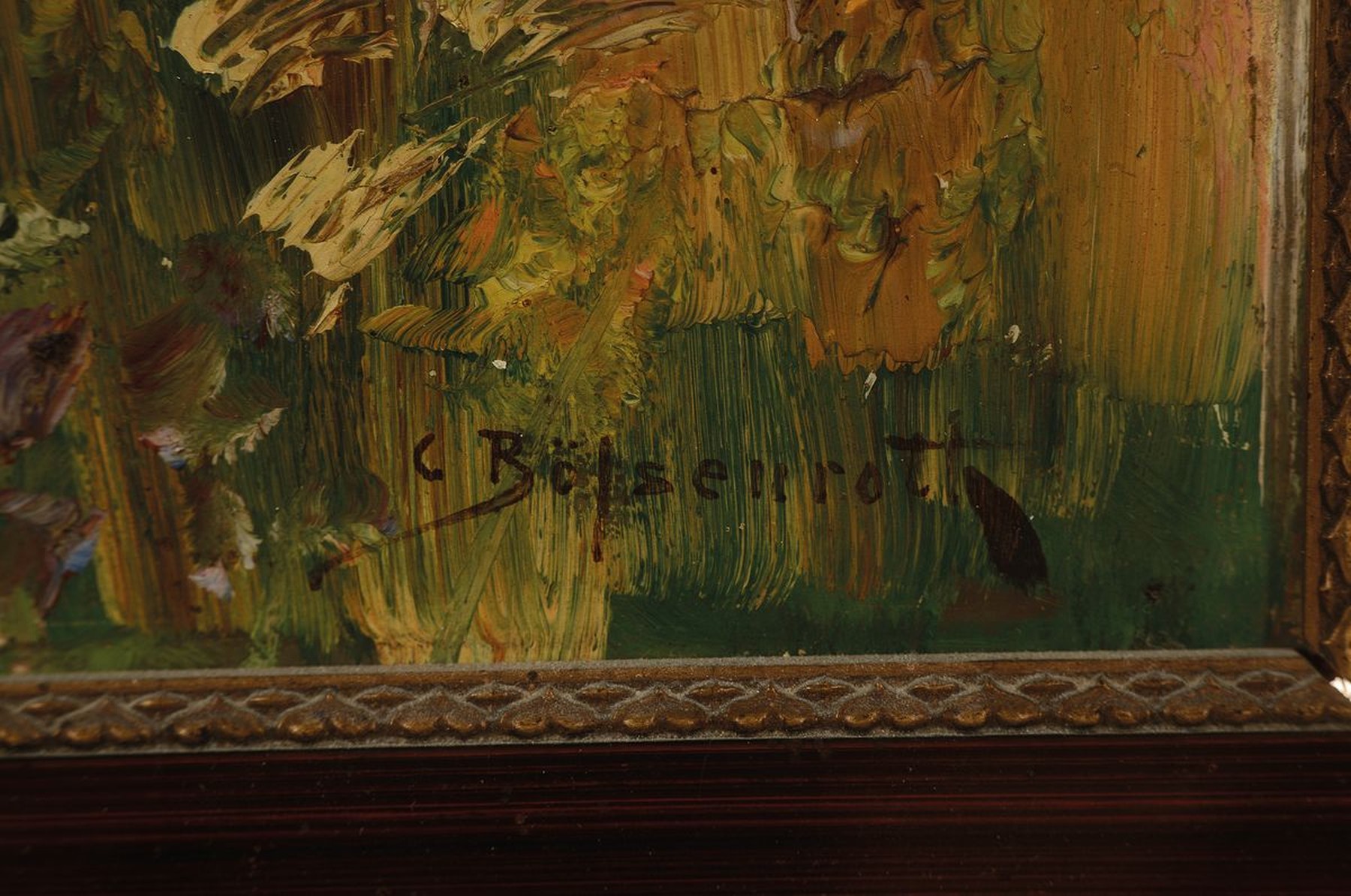 Detail a: Carl Bössenroth, 1863 - 1935 Berlin, Studiuman den Akademien Berlin und München, hier: Ansicht Höhenschäftlarn mit reifem Kornfeld, so verso auf ...