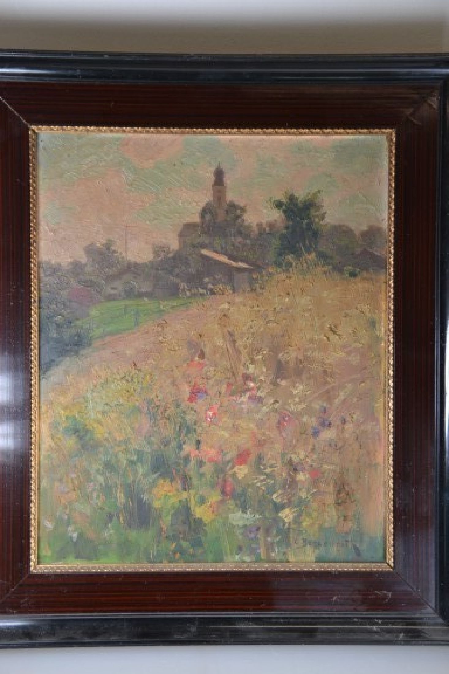 Detail b: Carl Bössenroth, 1863 - 1935 Berlin, Studiuman den Akademien Berlin und München, hier: Ansicht Höhenschäftlarn mit reifem Kornfeld, so verso auf ...