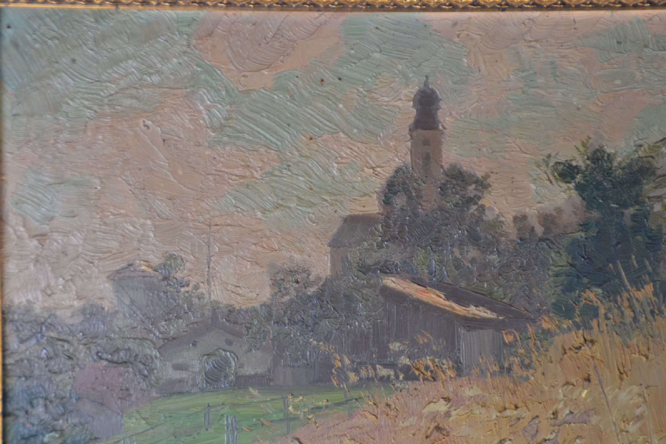 Detail c: Carl Bössenroth, 1863 - 1935 Berlin, Studiuman den Akademien Berlin und München, hier: Ansicht Höhenschäftlarn mit reifem Kornfeld, so verso auf ...