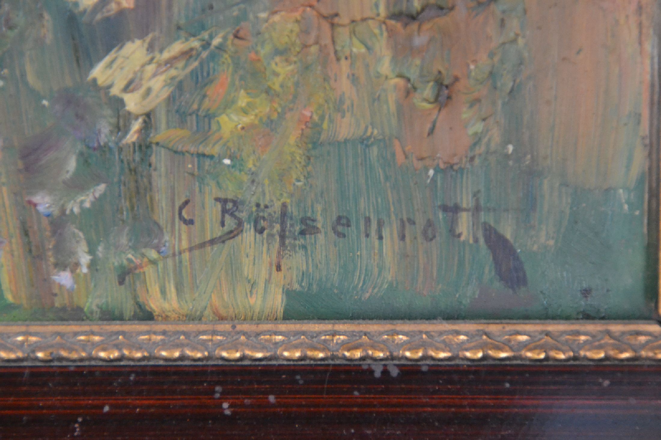 Detail d: Carl Bössenroth, 1863 - 1935 Berlin, Studiuman den Akademien Berlin und München, hier: Ansicht Höhenschäftlarn mit reifem Kornfeld, so verso auf ...