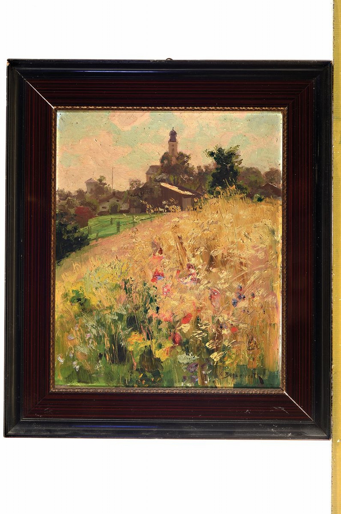 Detail k: Carl Bössenroth, 1863 - 1935 Berlin, Studiuman den Akademien Berlin und München, hier: Ansicht Höhenschäftlarn mit reifem Kornfeld, so verso auf ...