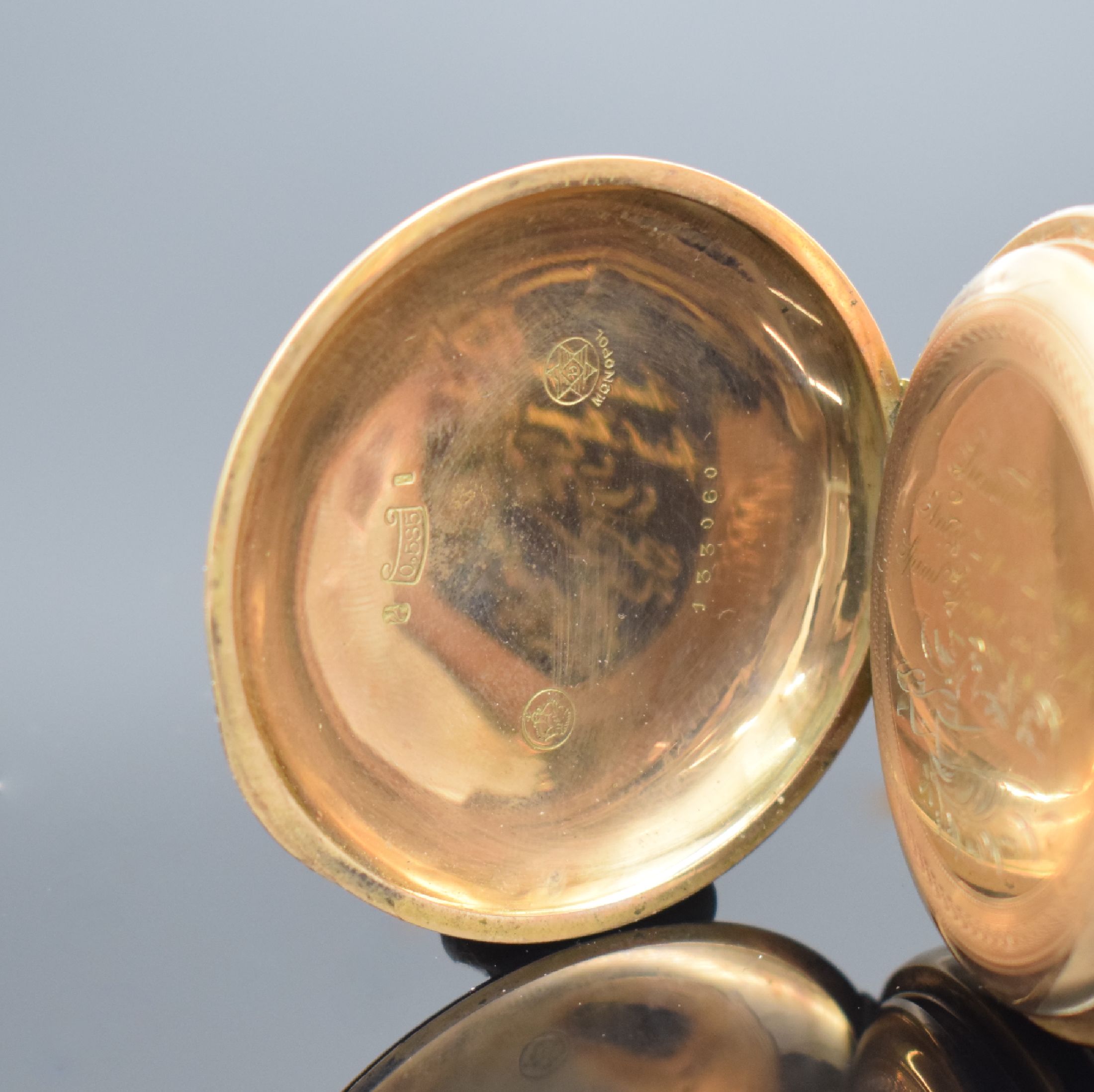 Detail d: MONOPOL / DÜRRSTEIN Halbsavonette in RoséG 585/000, Schweiz um 1900, grav. 3-Deckel Goldgeh. dell., Rückdeckel m. Monogrammspiegel, Sprungdeckel ...