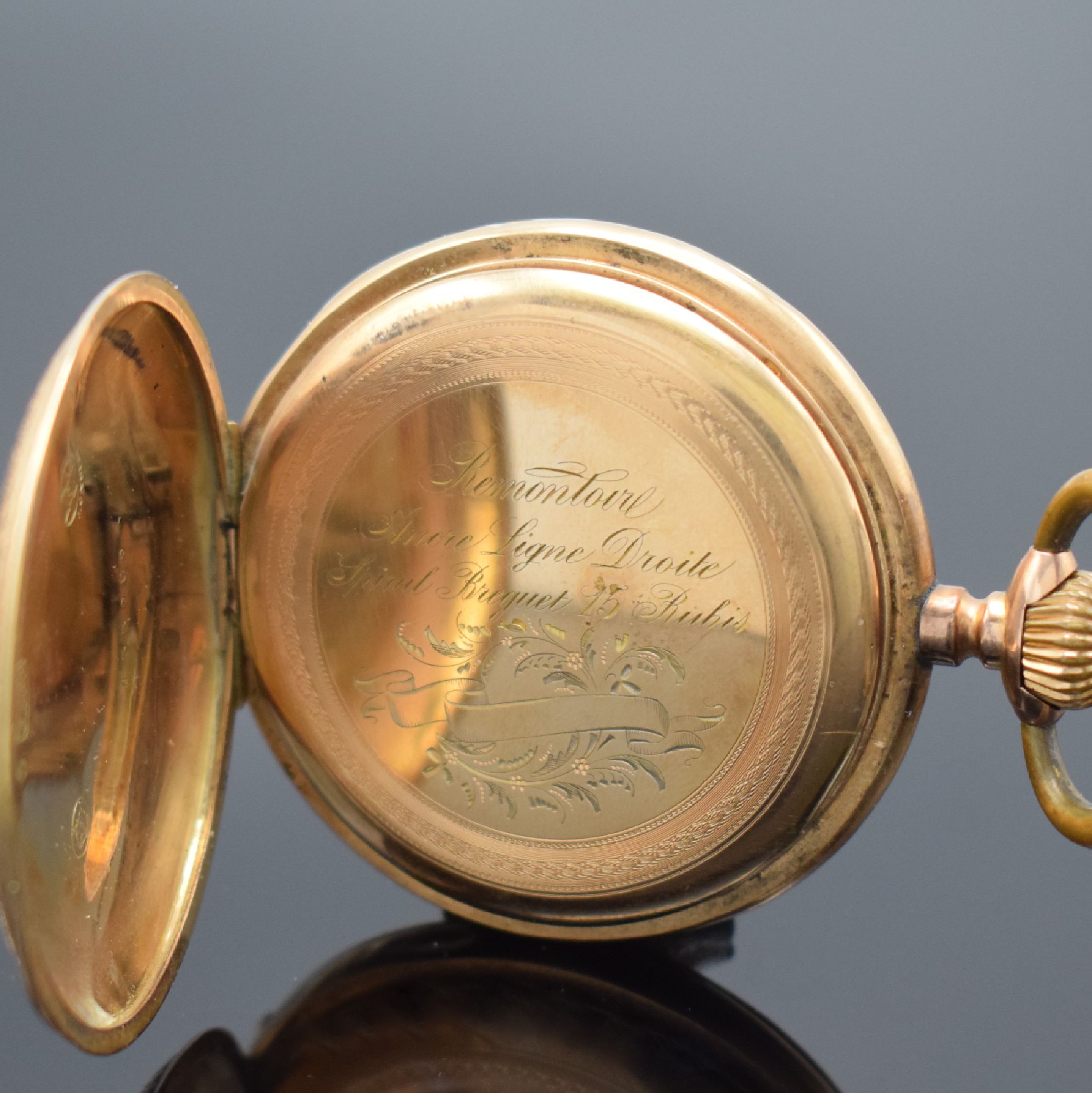 Detail e: MONOPOL / DÜRRSTEIN Halbsavonette in RoséG 585/000, Schweiz um 1900, grav. 3-Deckel Goldgeh. dell., Rückdeckel m. Monogrammspiegel, Sprungdeckel ...