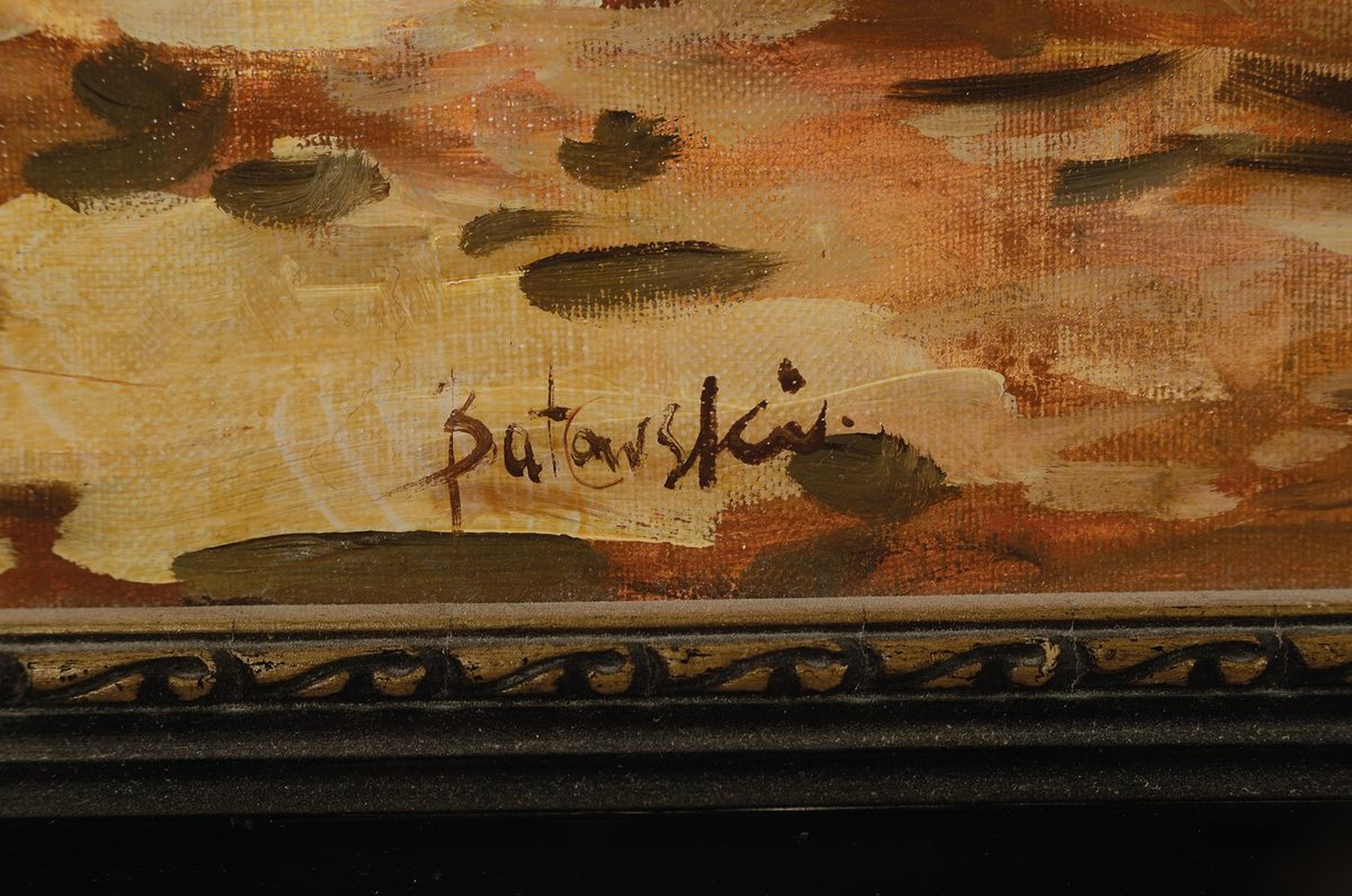 Detail a: Stanislaw Batowski-Kaczor, 1866-1946 Lemberg , drei Personen mit zweispännigem Heuwagen, im Hintergrund ein Zug mit Dampflokomotive, Öl/Lwd, rest., ...