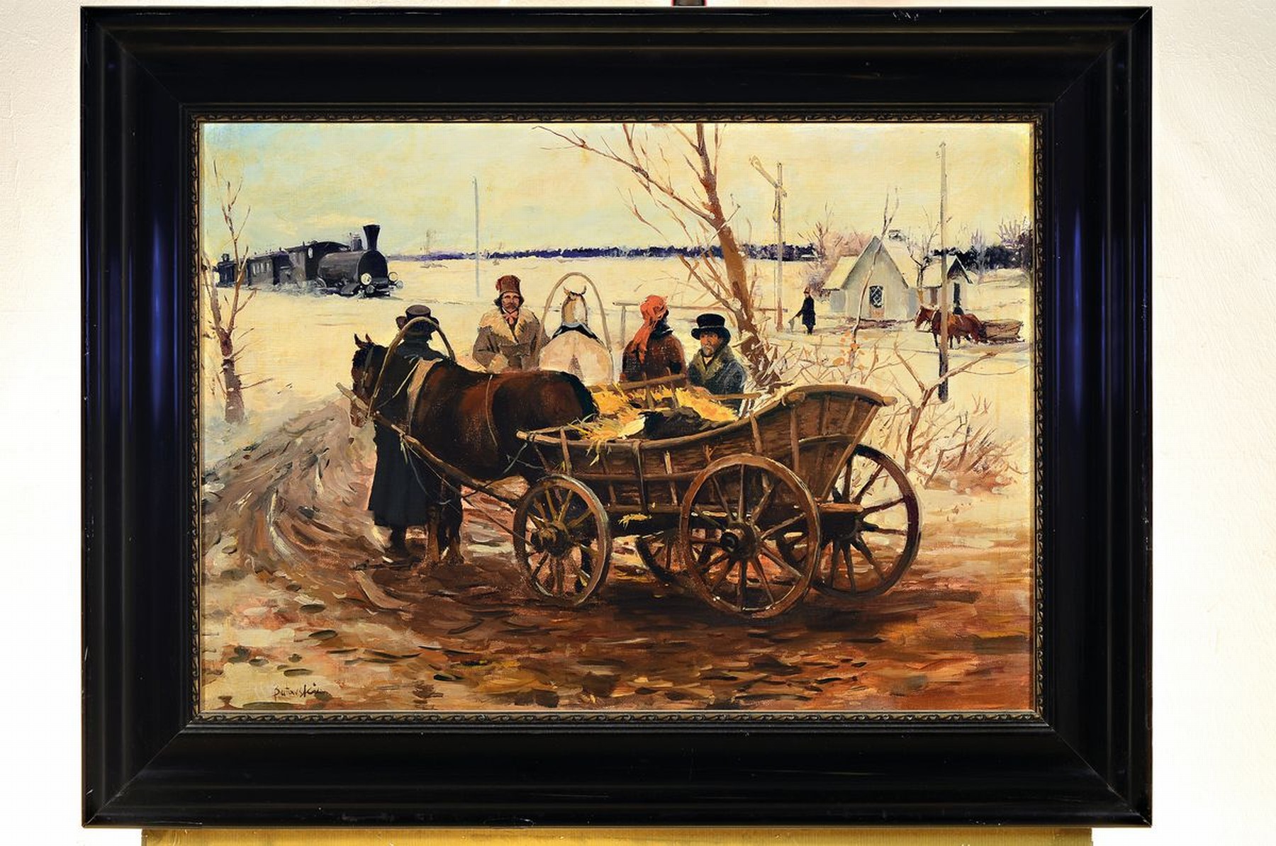 Detail k: Stanislaw Batowski-Kaczor, 1866-1946 Lemberg , drei Personen mit zweispännigem Heuwagen, im Hintergrund ein Zug mit Dampflokomotive, Öl/Lwd, rest., ...