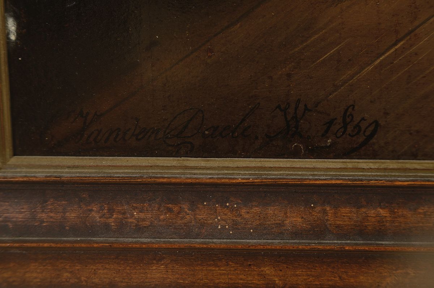 Detail a: Casimir van den Daele, 1818 Deinze/Ostflandern-1880 Moerbeke, vornehme Familie mit Kind und Säugling in der Stube, Öl/Holz, links unten signiert, ...