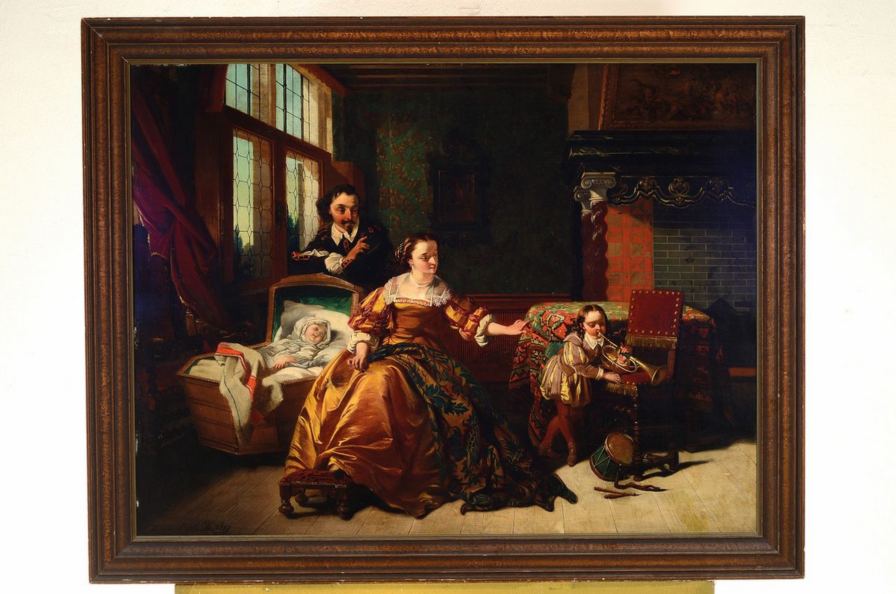 Detail k: Casimir van den Daele, 1818 Deinze/Ostflandern-1880 Moerbeke, vornehme Familie mit Kind und Säugling in der Stube, Öl/Holz, links unten signiert, ...