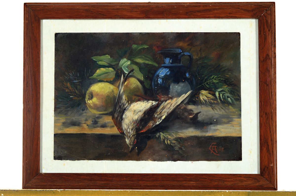 Detail k: August Croissant, 1870 Edenkoben - 1941 Landau, Stillleben, mit Paar erlegter Singvögeln, Birnen u. Krug, monogrammiert u. datiert AC 17, Öl/Lwd, ...