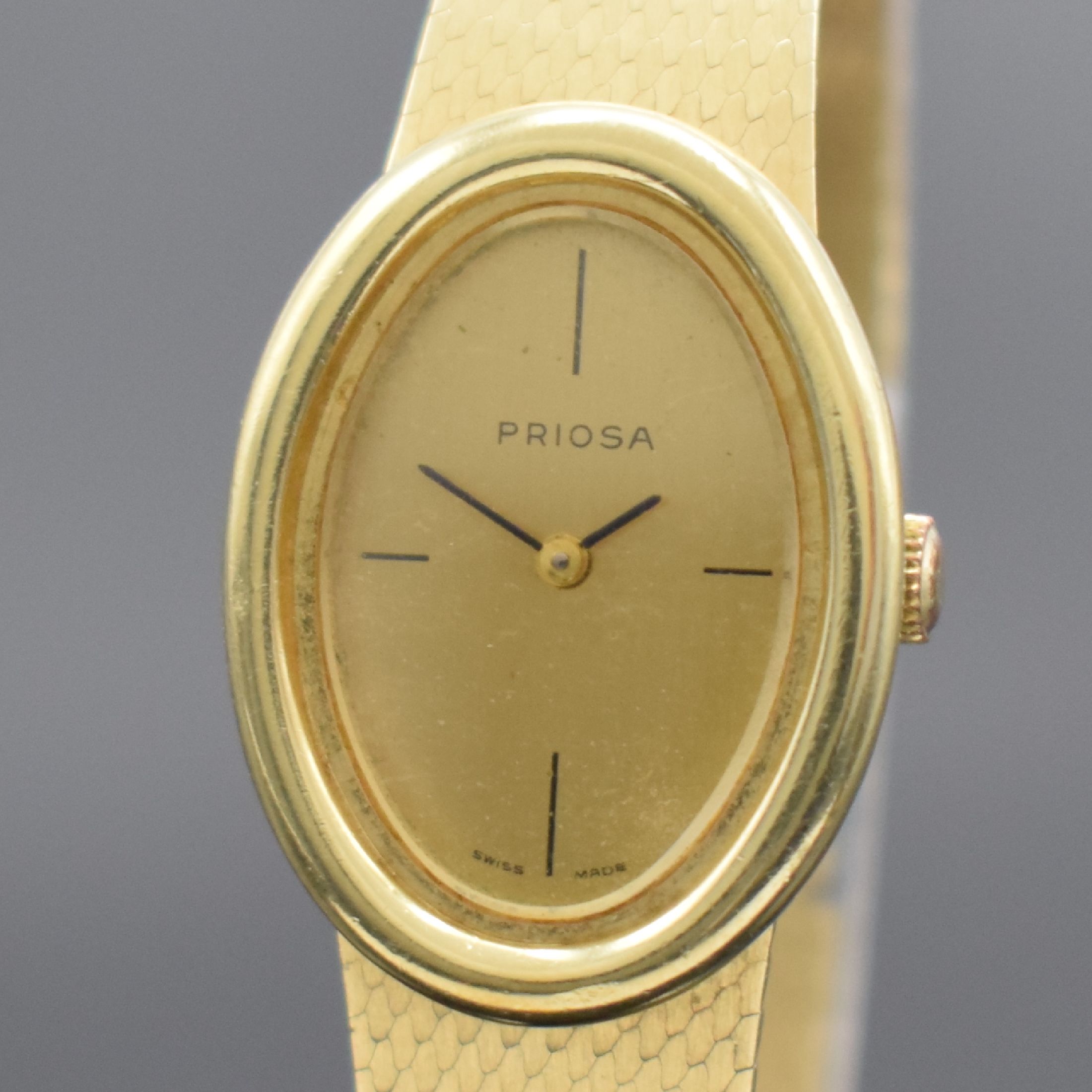 Detail a: PRIOSA Damenarmbanduhr in GG 585/000, Handaufzug, Schweiz um 1970, 2-teil. Geh. an Milanaiseband, Boden aufgedr., gold. Zifferbl. altersbed. fl., ...