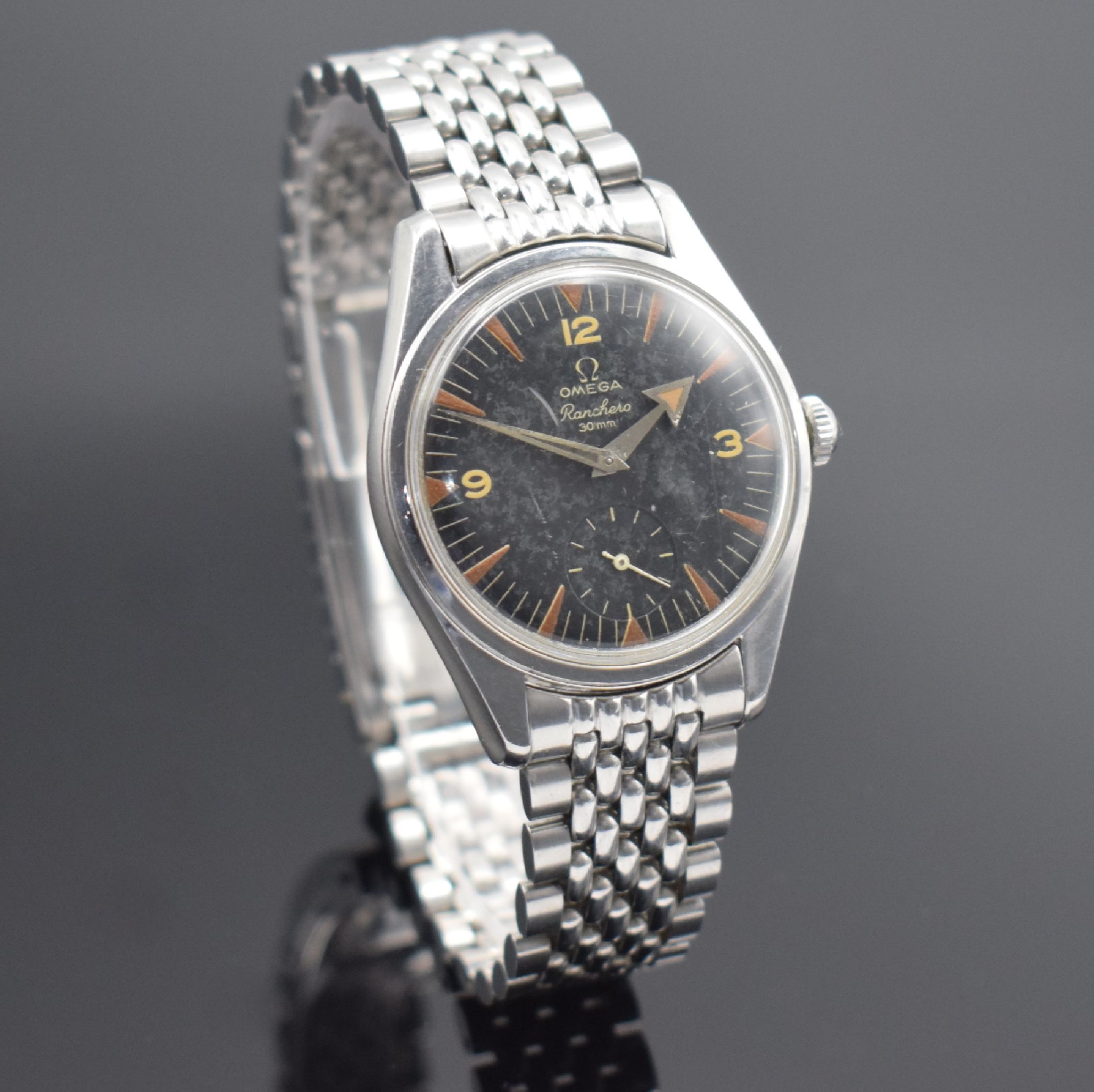 Detail a: OMEGA Ranchero Referenz 2990 seltene unpolierte Herrenarmbanduhr in Stahl, Schweiz um 1960, Handaufzug, 2 tlg. Geh., Boden aufgedr., orig. Krone & ...