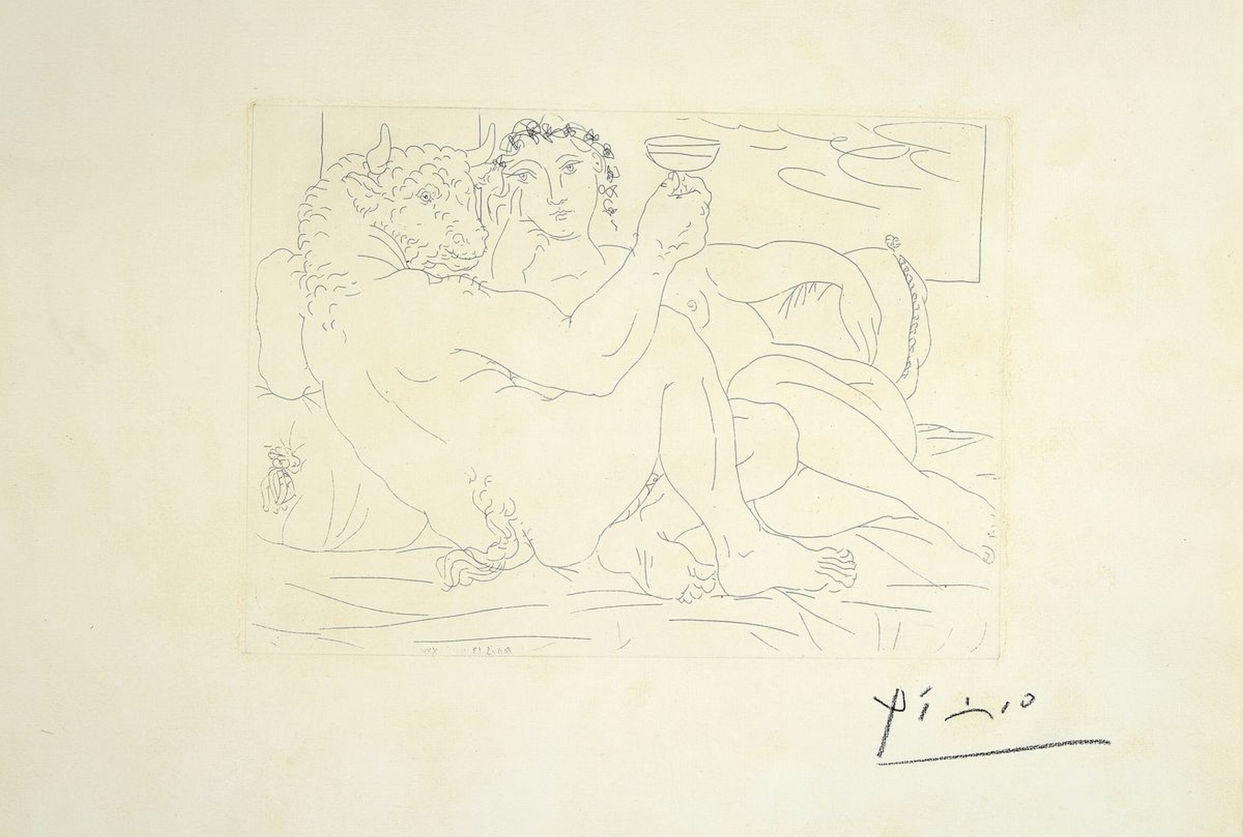 Pablo Picasso, 1881-1973, Minotaure, une coupe a la main, et jeune femme, Blatt Nr. 83 aus: La Suite Vollard, Radierung auf chamois-farbenem ...