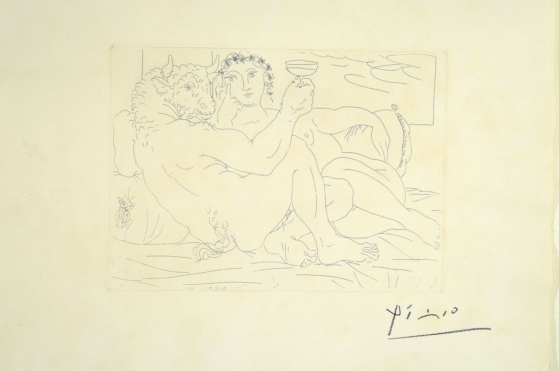 Detail k: Pablo Picasso, 1881-1973, Minotaure, une coupe a la main, et jeune femme, Blatt Nr. 83 aus: La Suite Vollard, Radierung auf chamois-farbenem ...