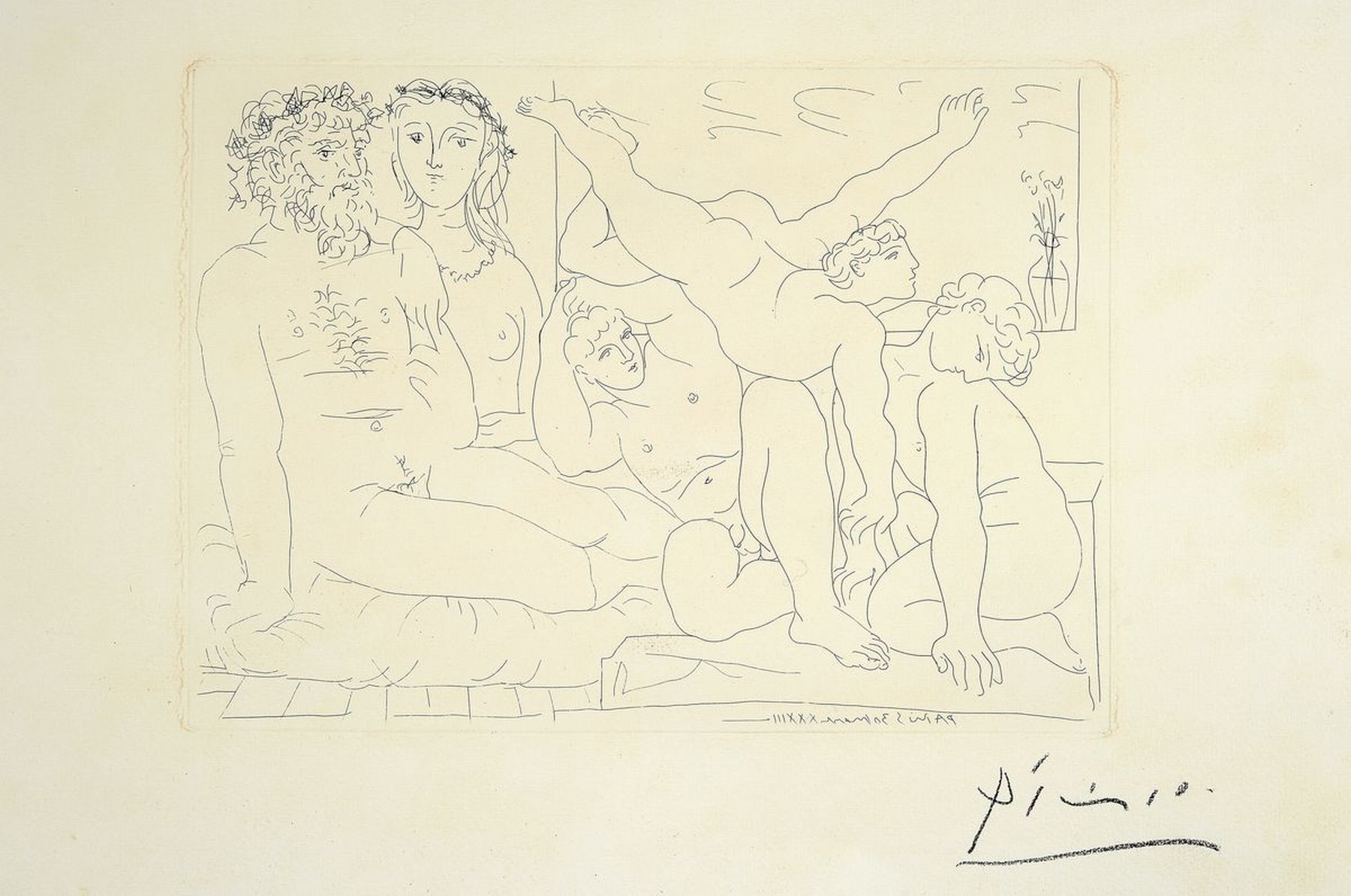 Pablo Picasso, 1881-1973, famille des saltimbanques, aus: La Suite Vollard, Radierung auf chamois-farbenem Büttenpapier mit Vollard-Wasserzeichen, ...