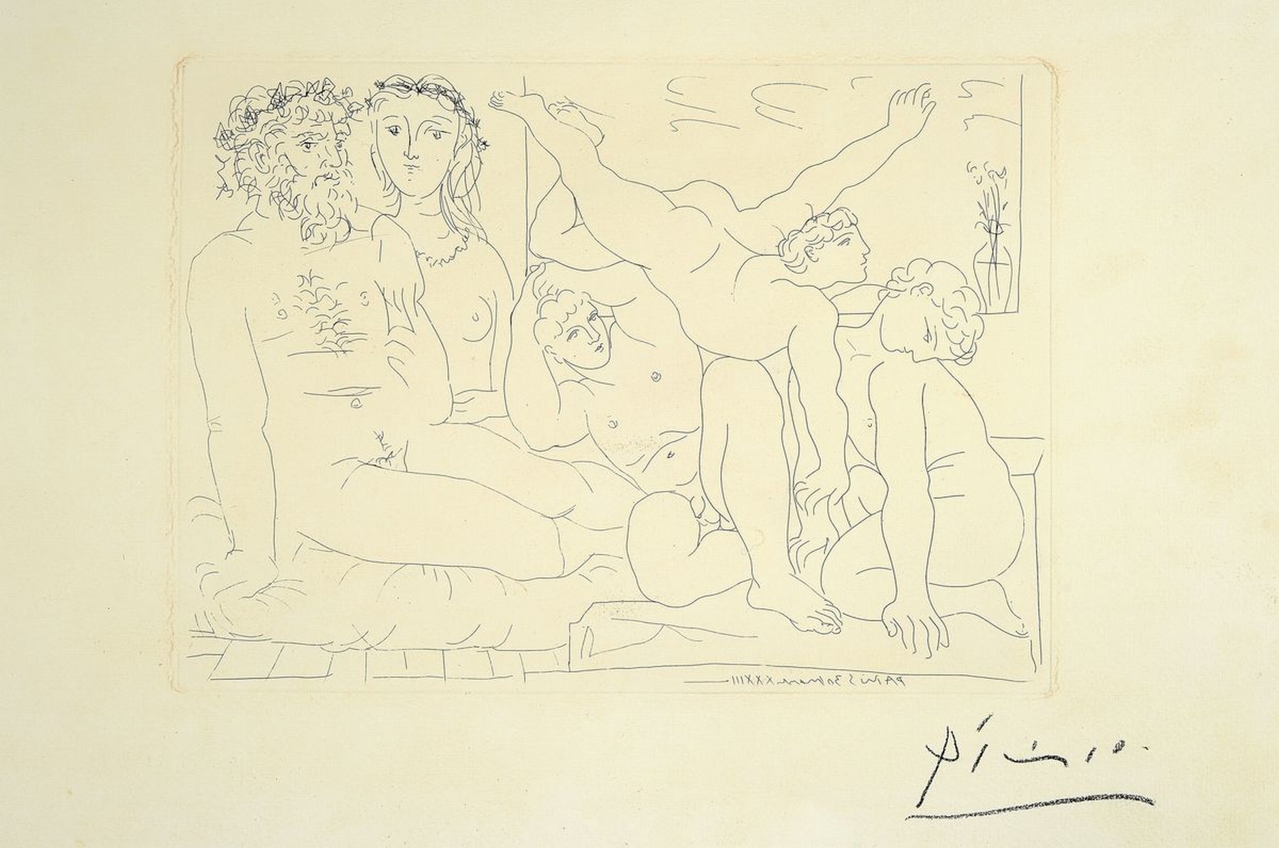 Detail k: Pablo Picasso, 1881-1973, famille des saltimbanques, aus: La Suite Vollard, Radierung auf chamois-farbenem Büttenpapier mit Vollard-Wasserzeichen, ...