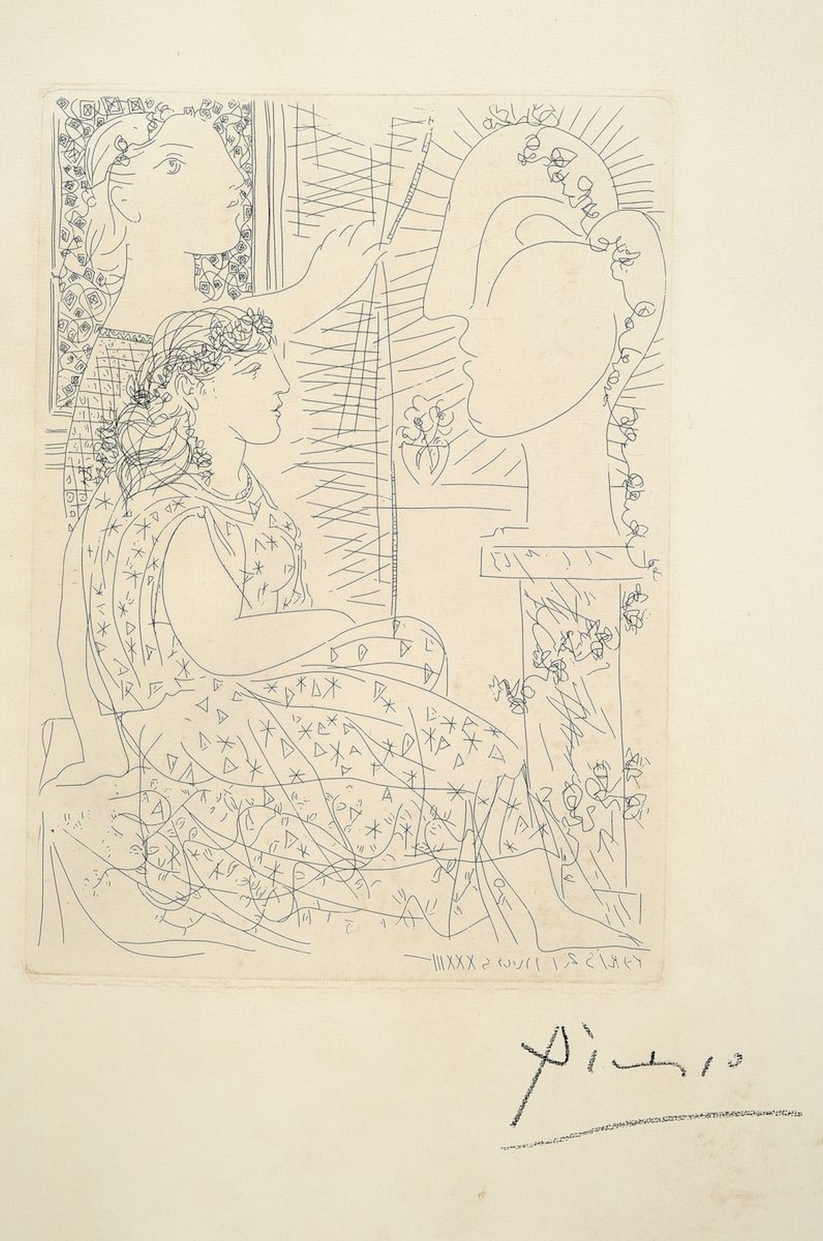 Pablo Picasso, 1881-1973, Deux modeles vetus, Blatt Nr. 42 aus: La Suite Vollard, Radierung auf chamois-farbenem Büttenpapier mit ...