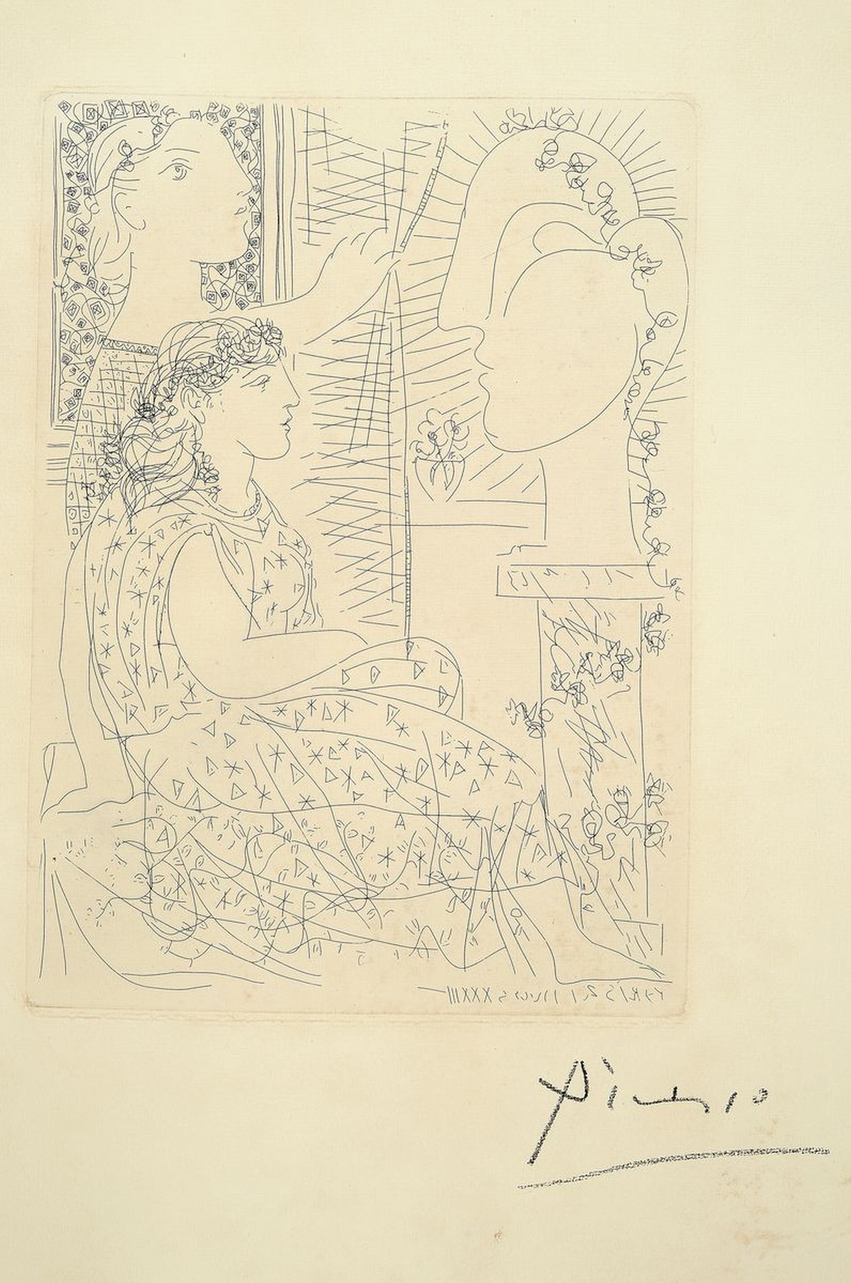Detail k: Pablo Picasso, 1881-1973, Deux modeles vetus, Blatt Nr. 42 aus: La Suite Vollard, Radierung auf chamois-farbenem Büttenpapier mit ...