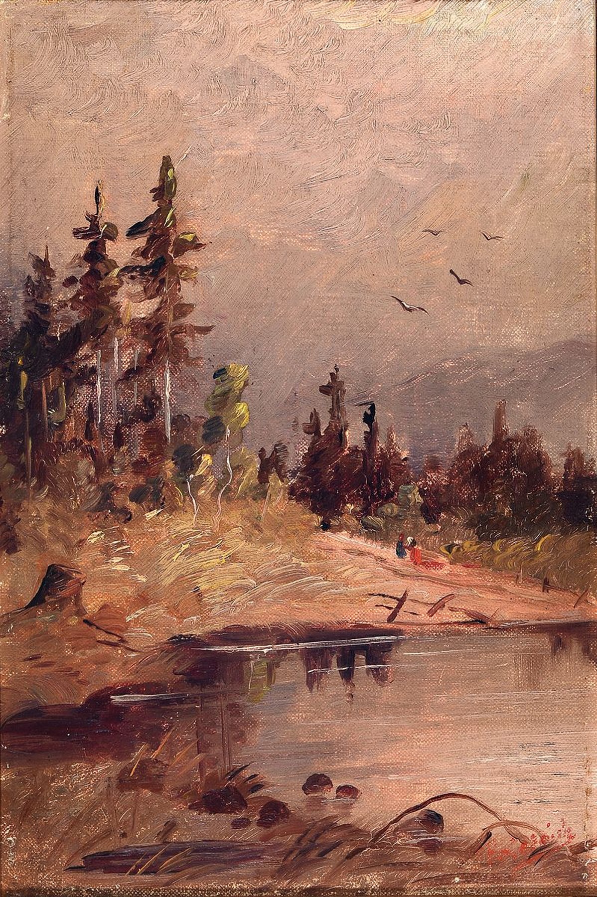 Unbekannter Künstler, um 1900, zwei Pendants, Sommer- und Winterlandschaft, Öl/Lwd, unleserlich in Rot signiert J.F.... ?, 30.5 x 20.5 cm, Rahmen