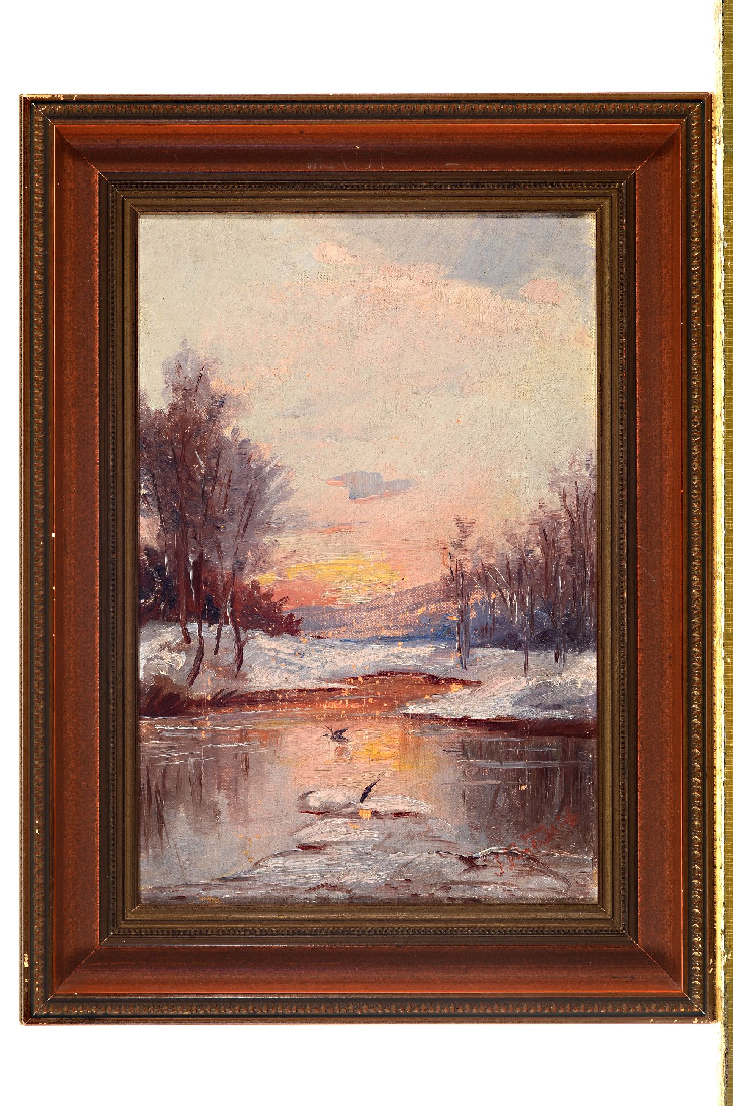 Detail a: Unbekannter Künstler, um 1900, zwei Pendants, Sommer- und Winterlandschaft, Öl/Lwd, unleserlich in Rot signiert J.F.... ?, 30.5 x 20.5 cm, Rahmen