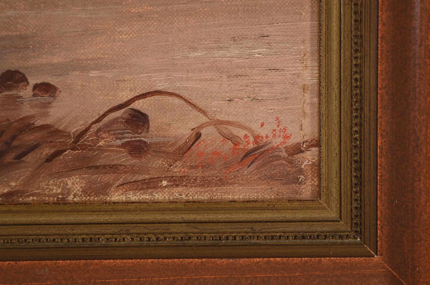 Detail b: Unbekannter Künstler, um 1900, zwei Pendants, Sommer- und Winterlandschaft, Öl/Lwd, unleserlich in Rot signiert J.F.... ?, 30.5 x 20.5 cm, Rahmen