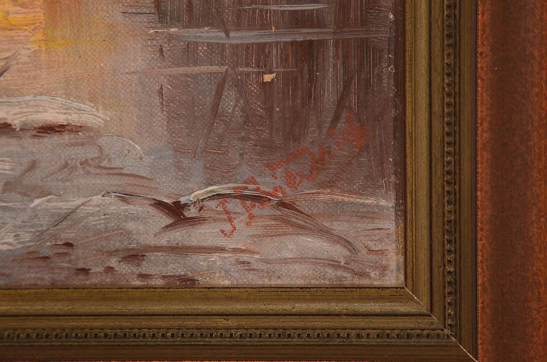 Detail c: Unbekannter Künstler, um 1900, zwei Pendants, Sommer- und Winterlandschaft, Öl/Lwd, unleserlich in Rot signiert J.F.... ?, 30.5 x 20.5 cm, Rahmen